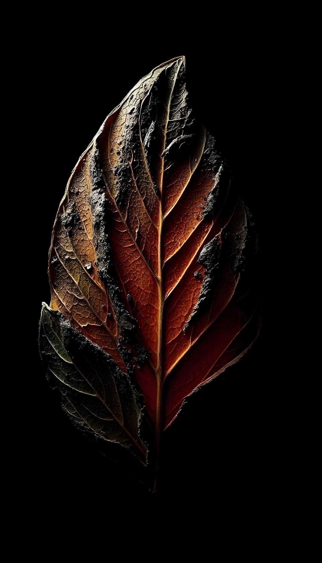 A single leaf with autumn colors against a black background