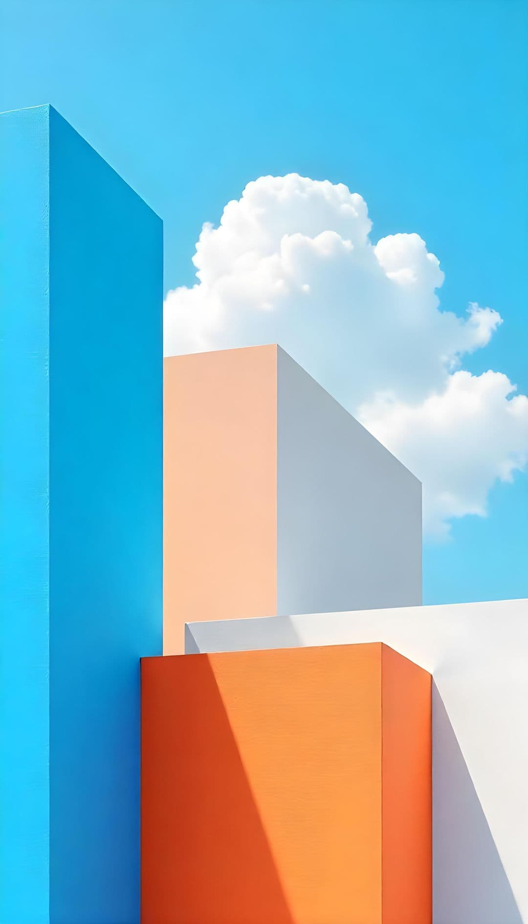 Tall rectangular structures in bright blue, soft peach, vivid orange, and white against a blue sky with clouds.
