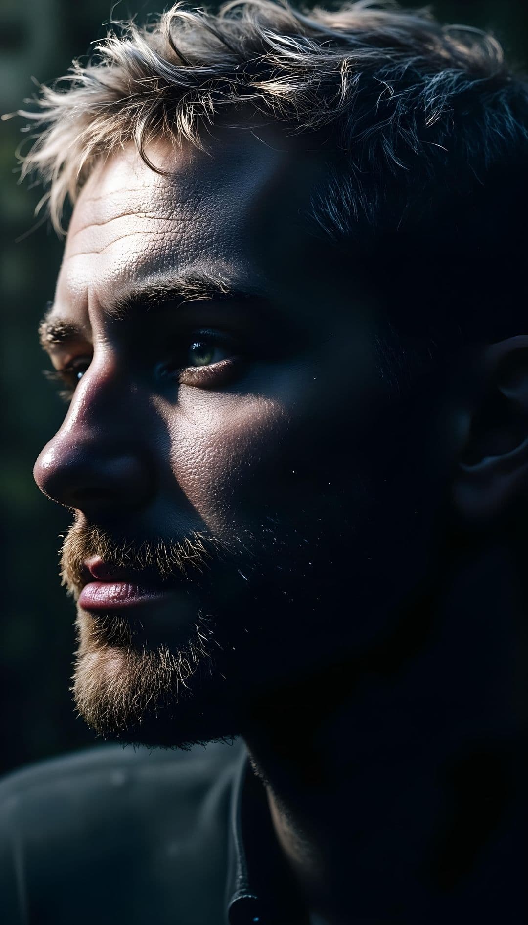 Portrait of a man with a beard in profile, set against a dark background.