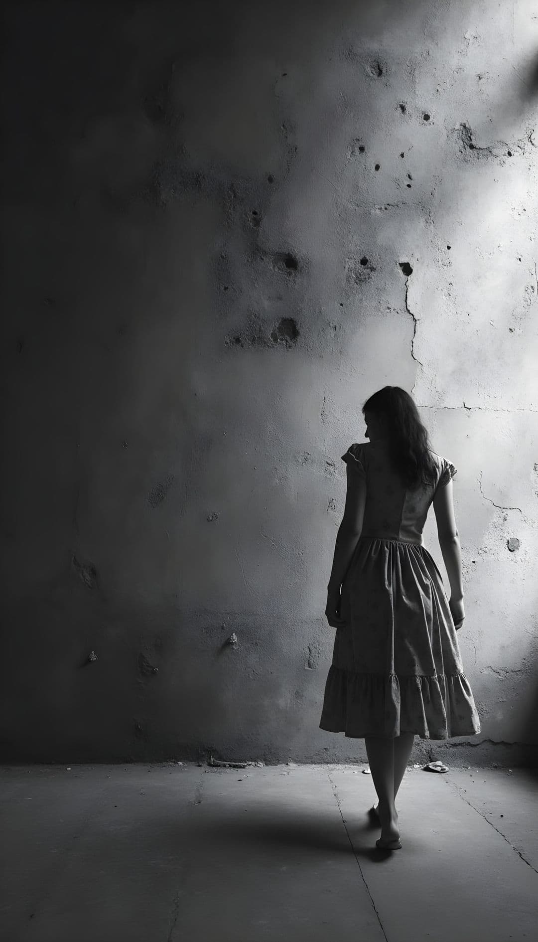 A person in a vintage dress walking away in a dimly lit room with cracked walls.