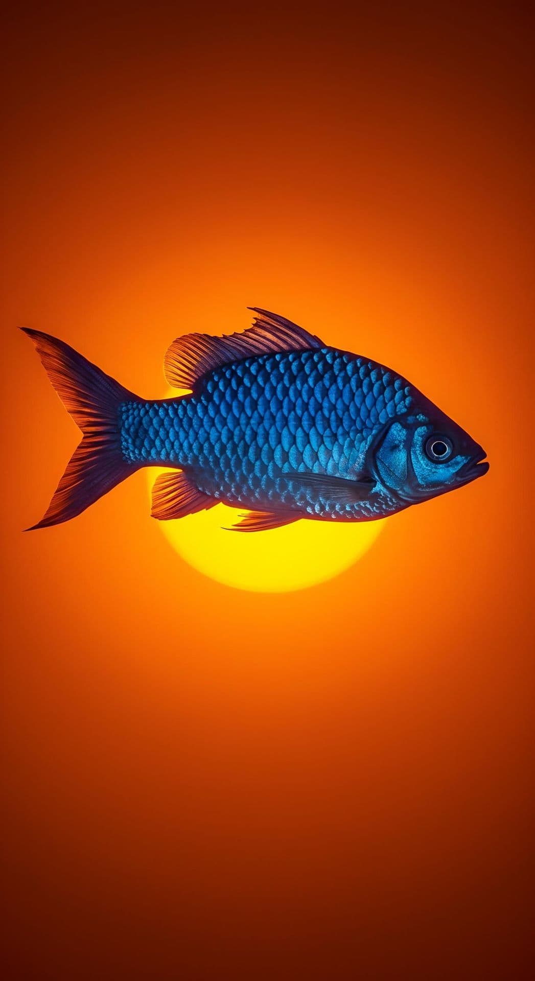 A vibrant blue fish swims against an orange and yellow gradient background.