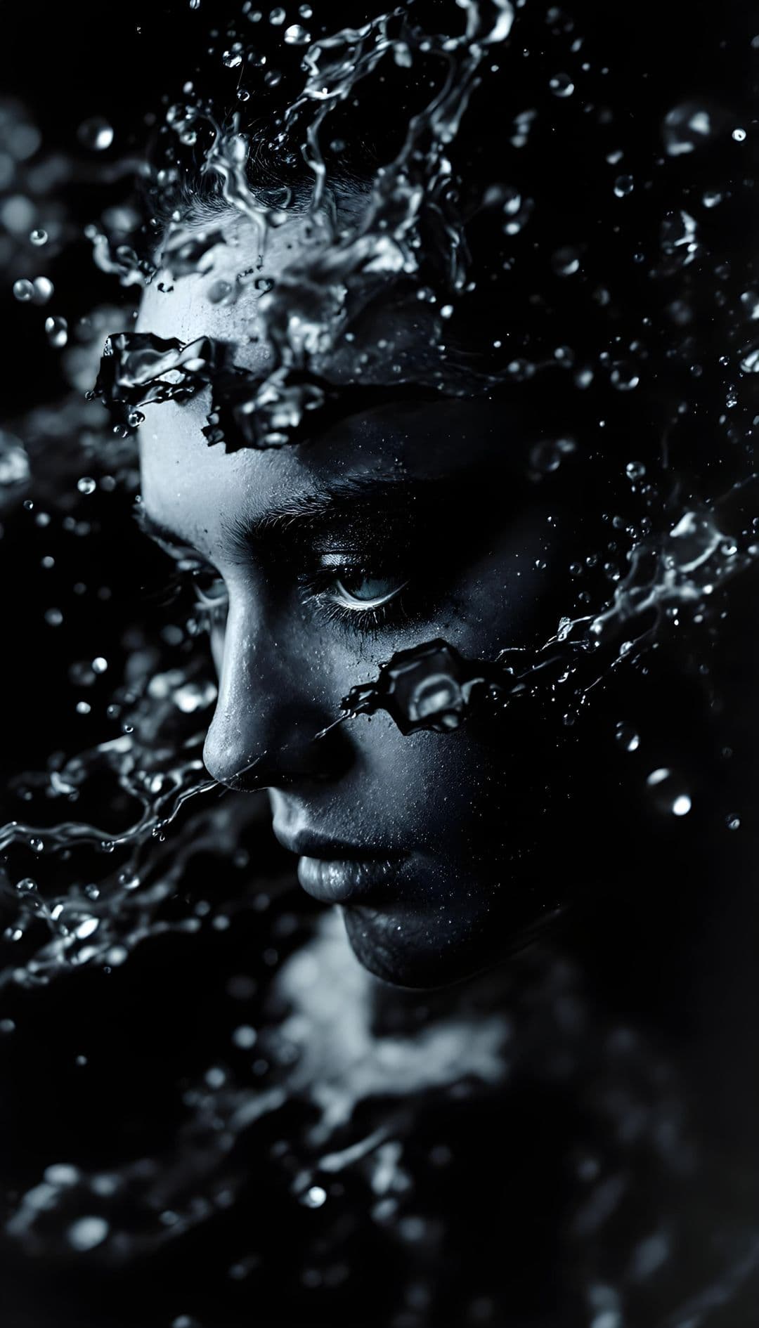 Person surrounded by water splashes, profile view