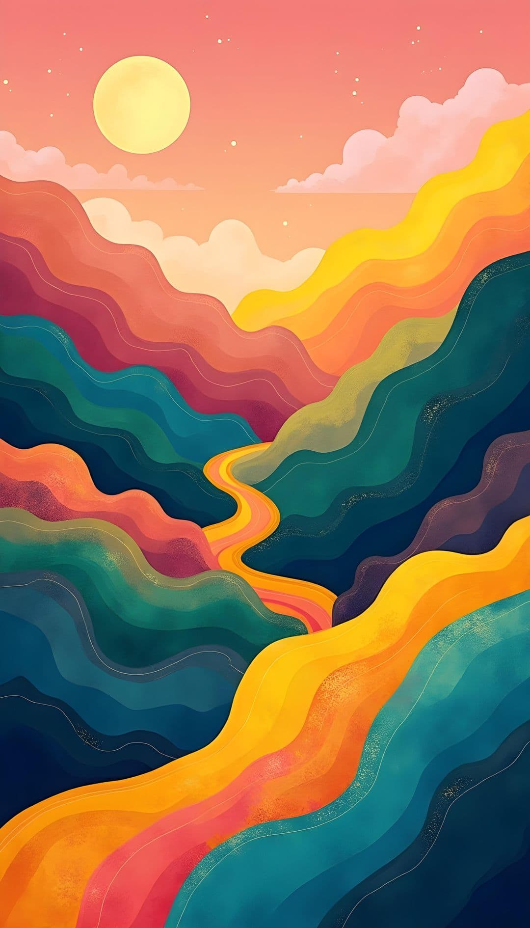 Abstract landscape with wavy hills, vibrant colors, and a soft gradient sky.