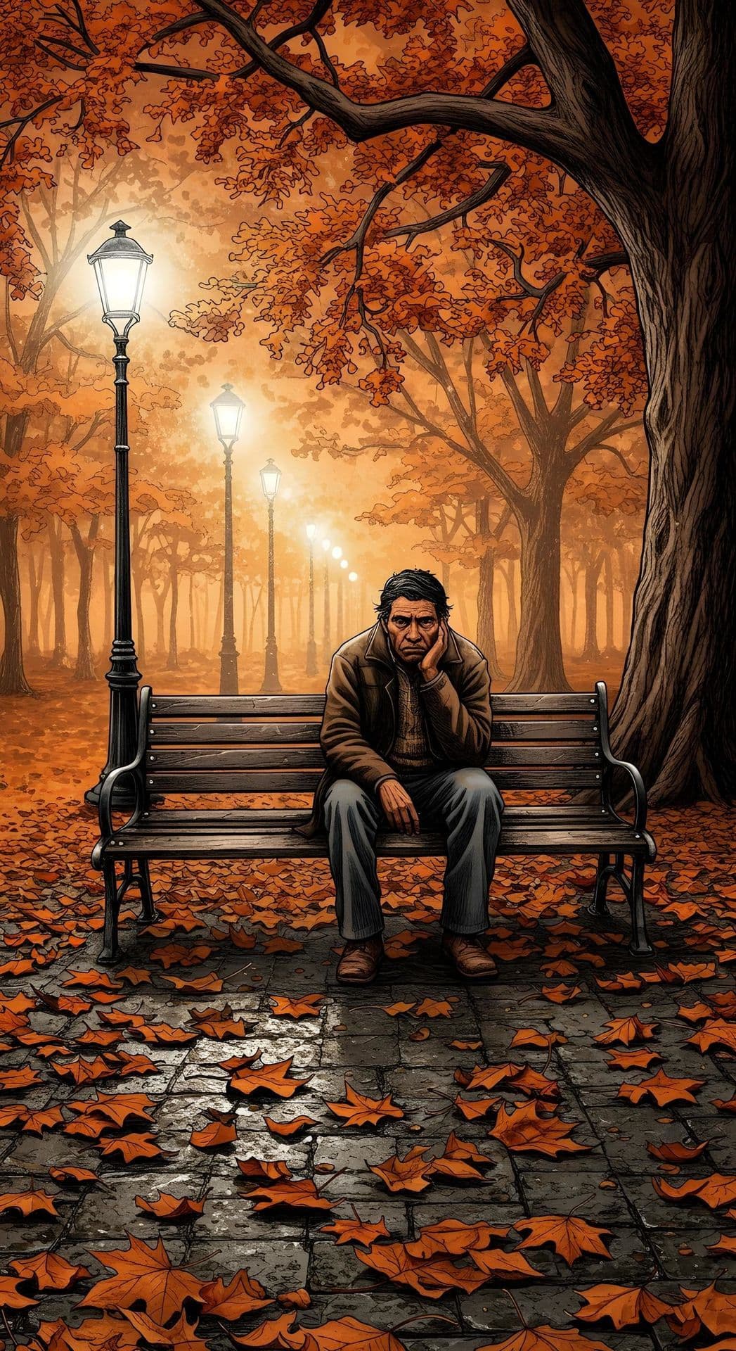 A person sits on a bench in an autumn park at dusk, surrounded by fallen leaves and lit by street lamps.