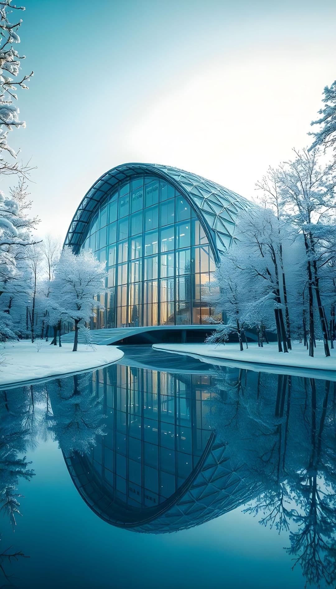 Futuristic glass building by a lake, snow-covered trees under clear sky