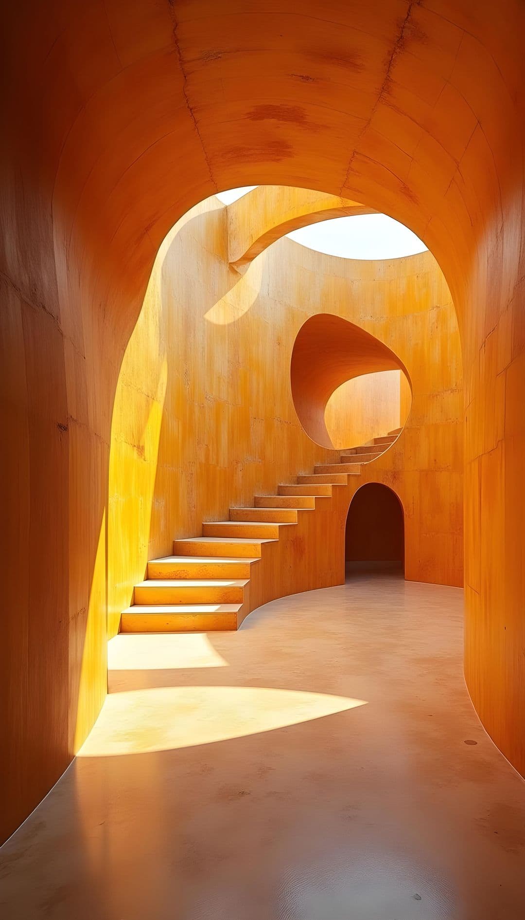 A vibrant orange space with winding stairs and circular light.