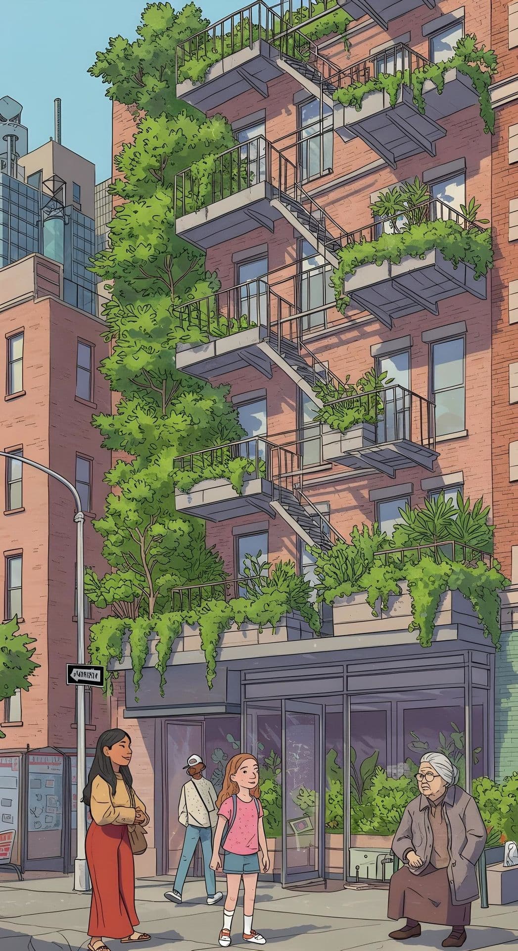 Red-brick building with plants, pedestrians on city corner