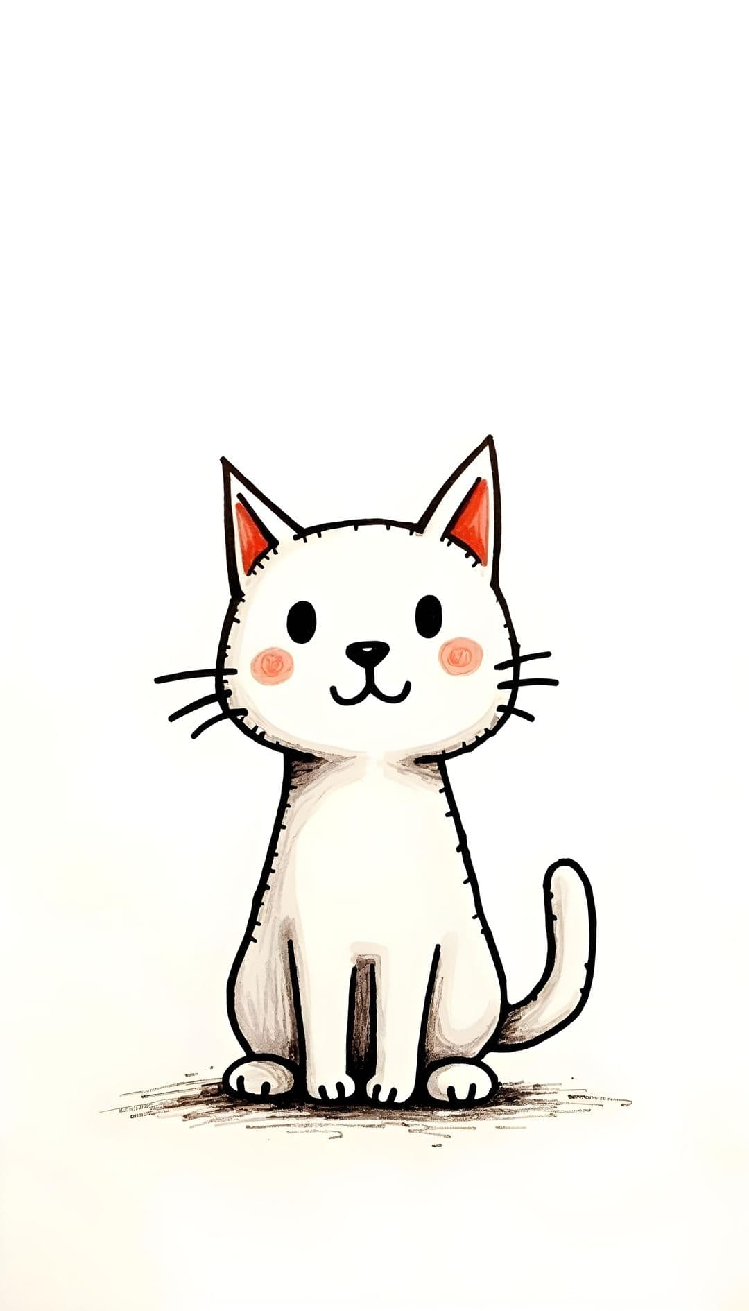 Minimalist cartoon cat on white background with black outlines, pink ears, and blush spots.