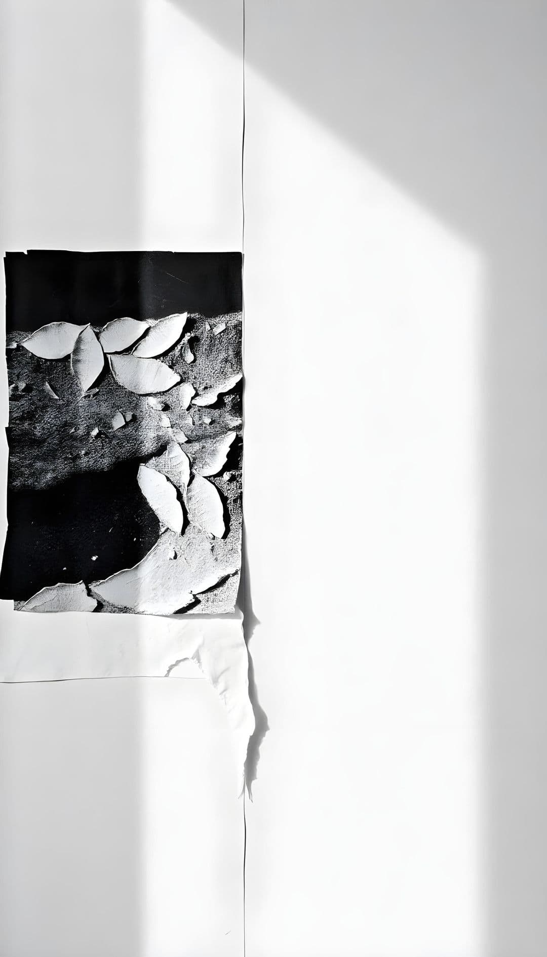 Black-and-white photo of leaves on a white wall