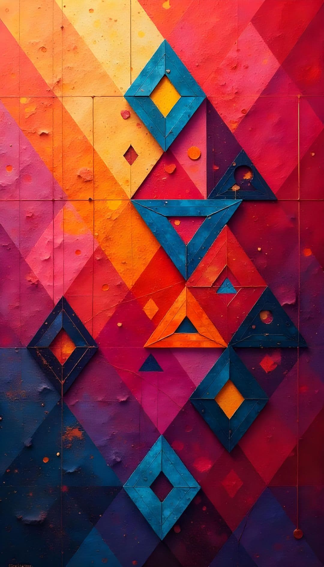 Geometric abstract artwork with diamonds and triangles in warm tones and cool contrasts