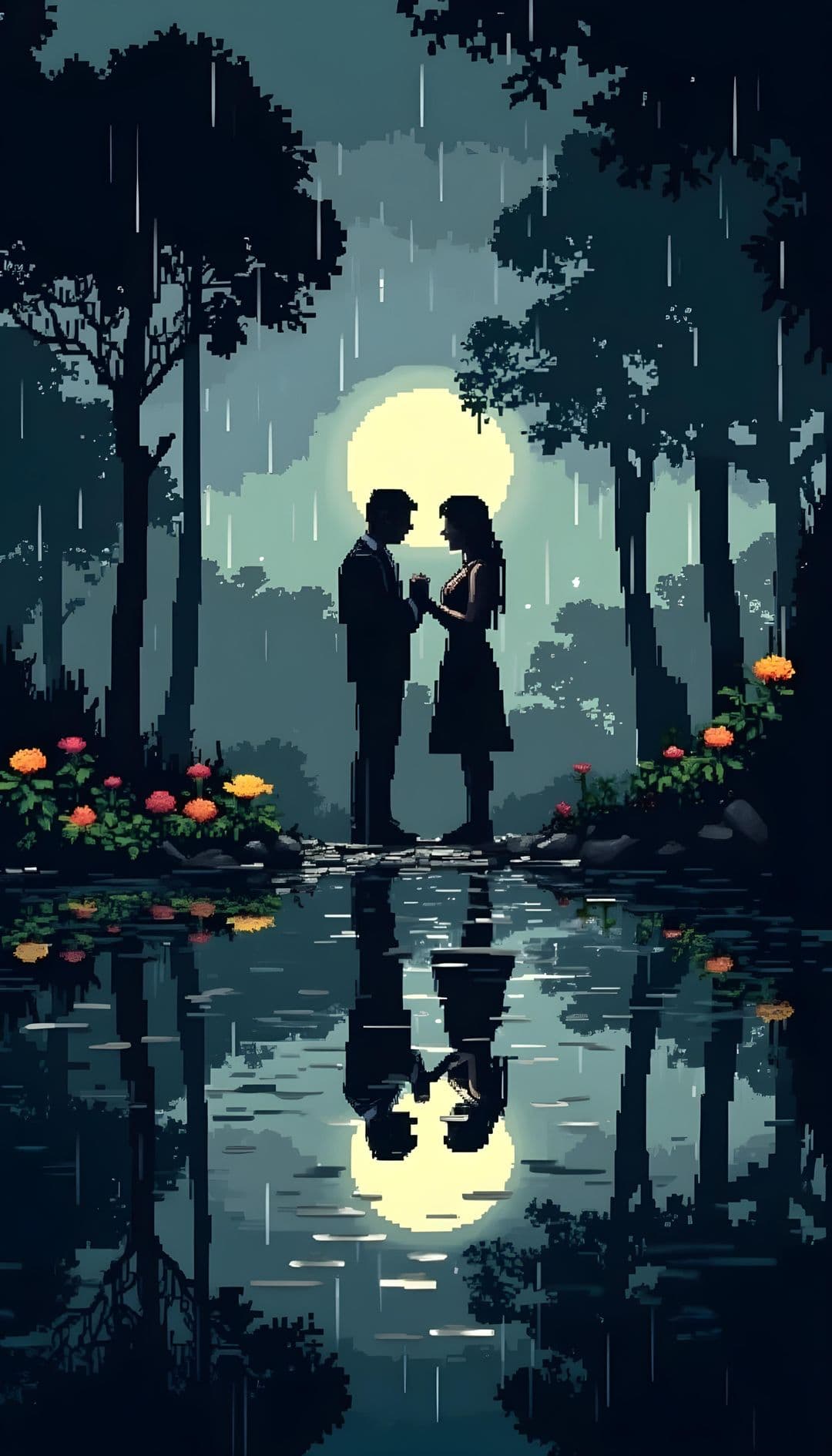 A couple silhouetted in a forest during rain with a moon and flower reflections.