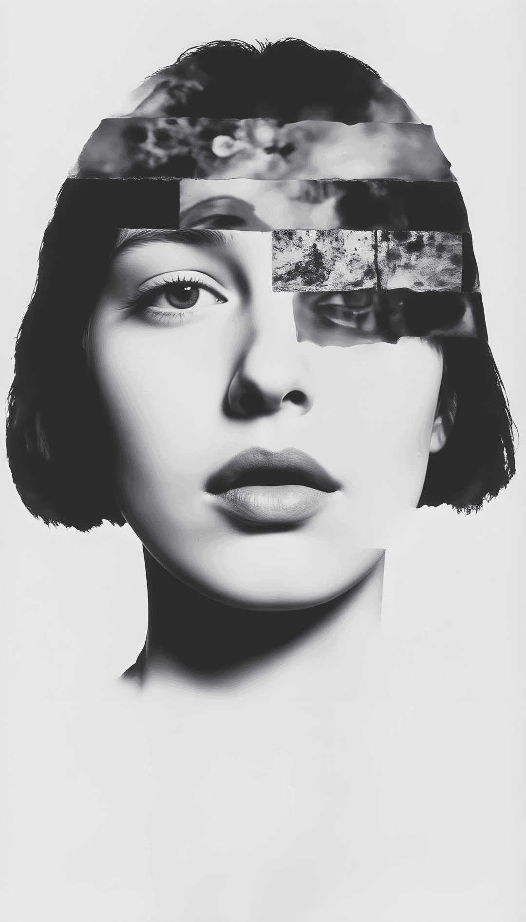 A surreal black and white portrait of a woman with short hair, featuring abstract collage shapes on her face.