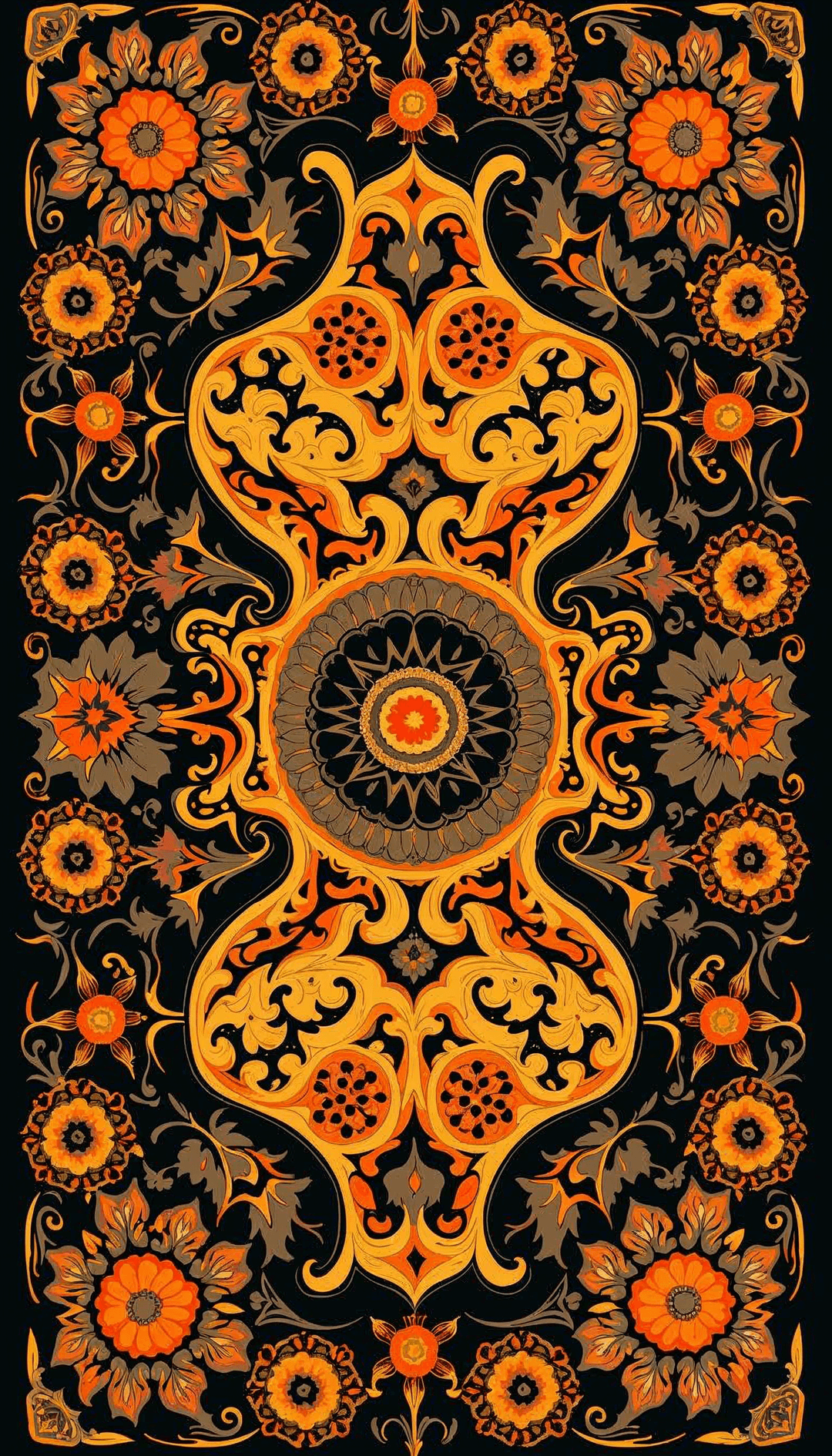 Ornate design with floral and geometric patterns in orange, gold, and brown on black.