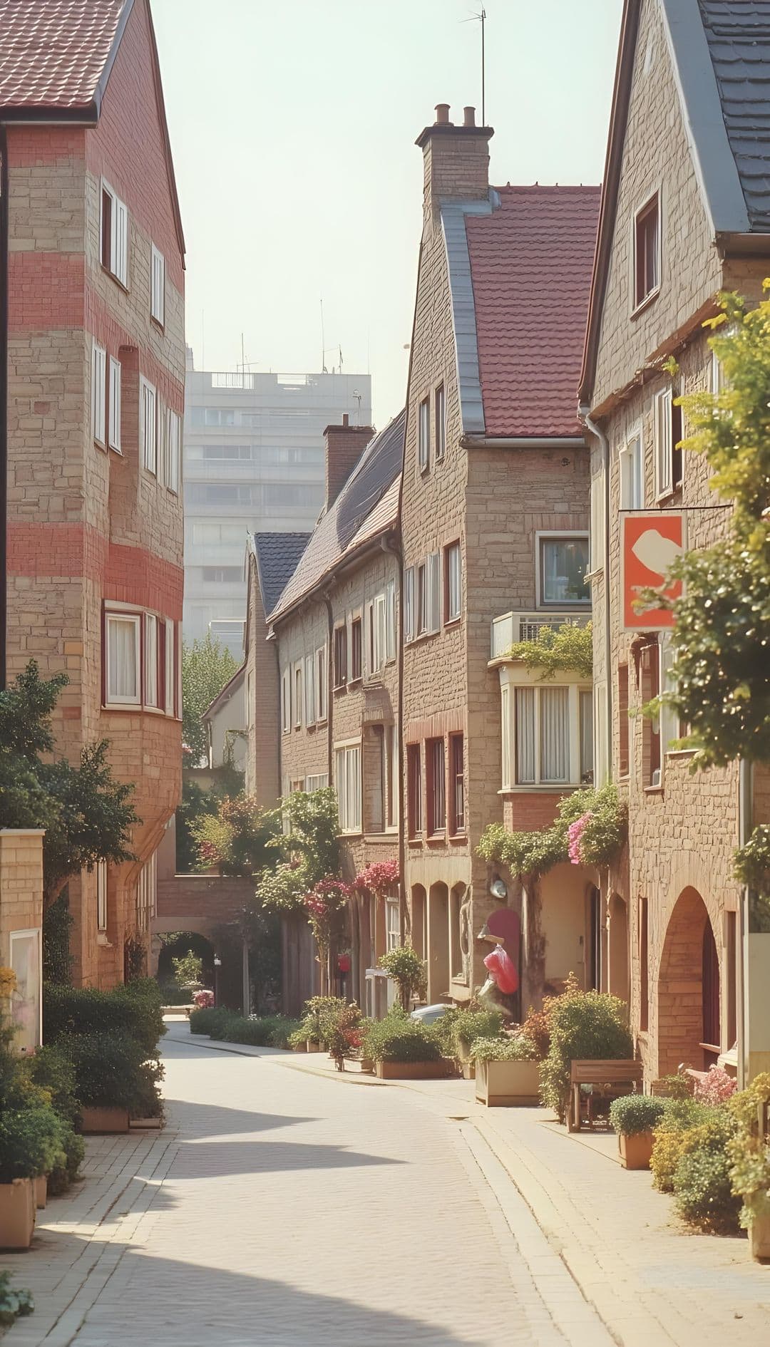 European street with townhouses, plants, and dappled sunlight