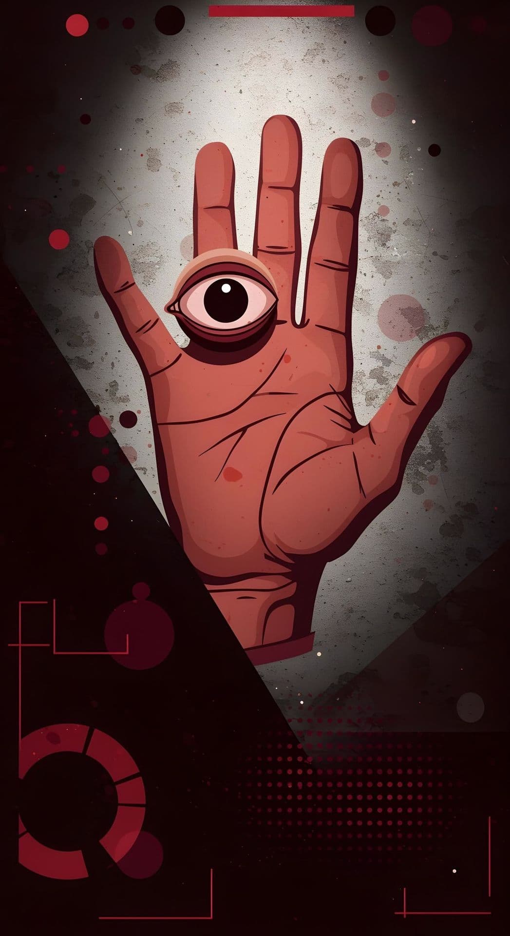 A hand with an eye in the palm, abstract shapes around.