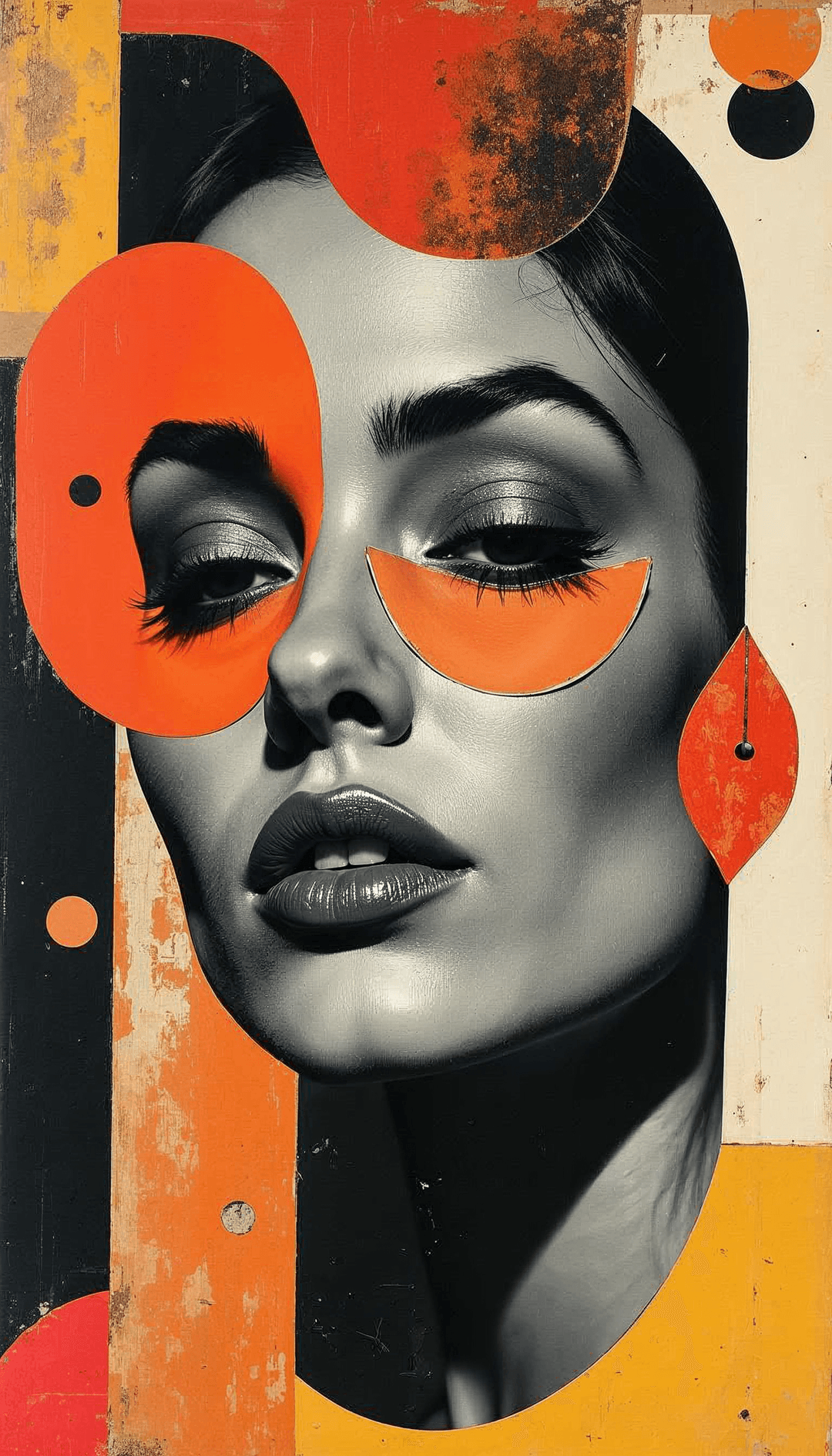 A collage of a woman's face with geometric shapes in orange, black, and beige.