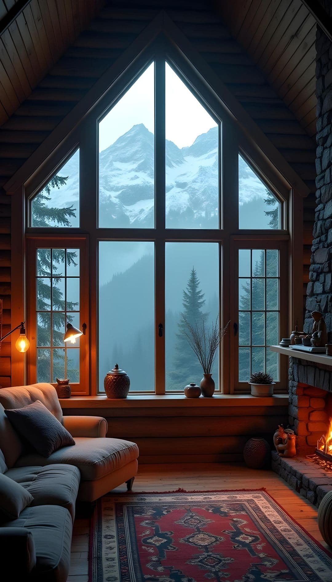 Mountain cabin interior with fireplace, triangular window showing snowy peaks and pines, and a plush sofa.