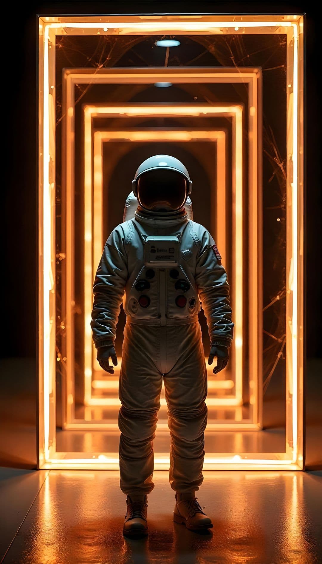 Astronaut in white suit with glowing portals.