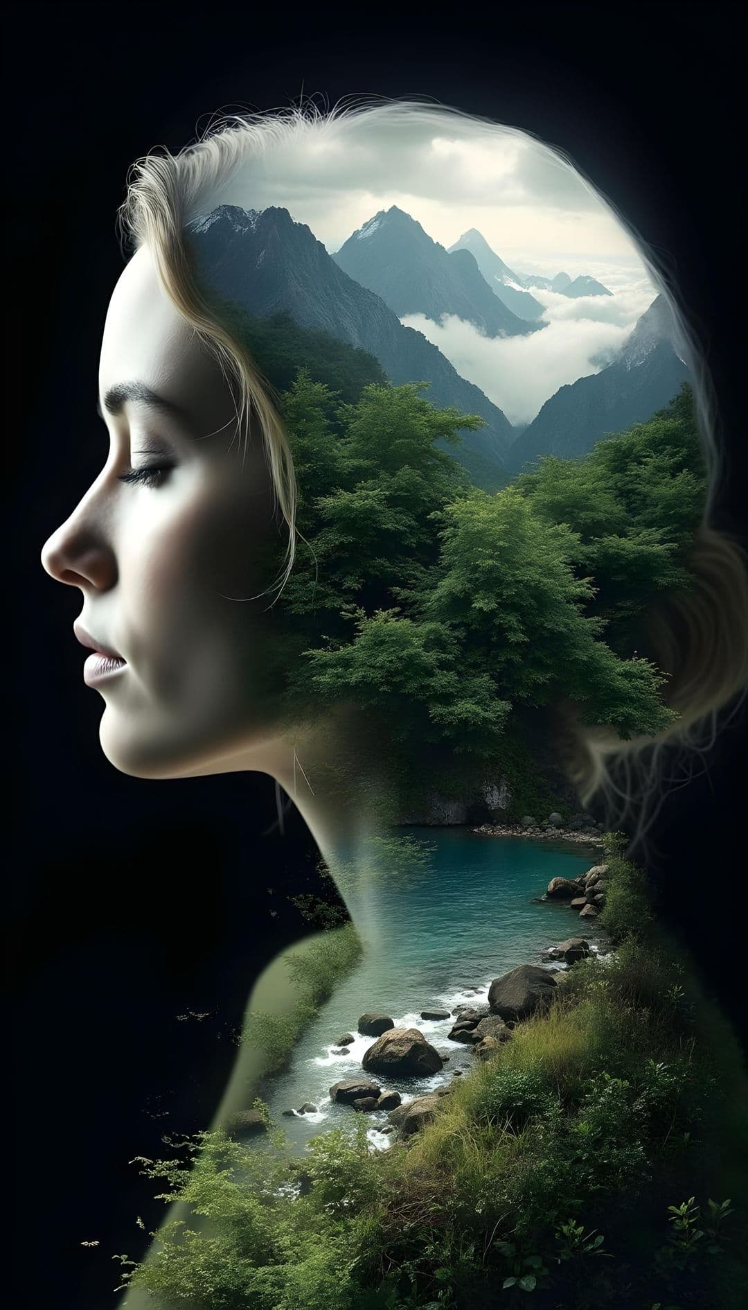 profile of a woman blended with misty mountains and greenery