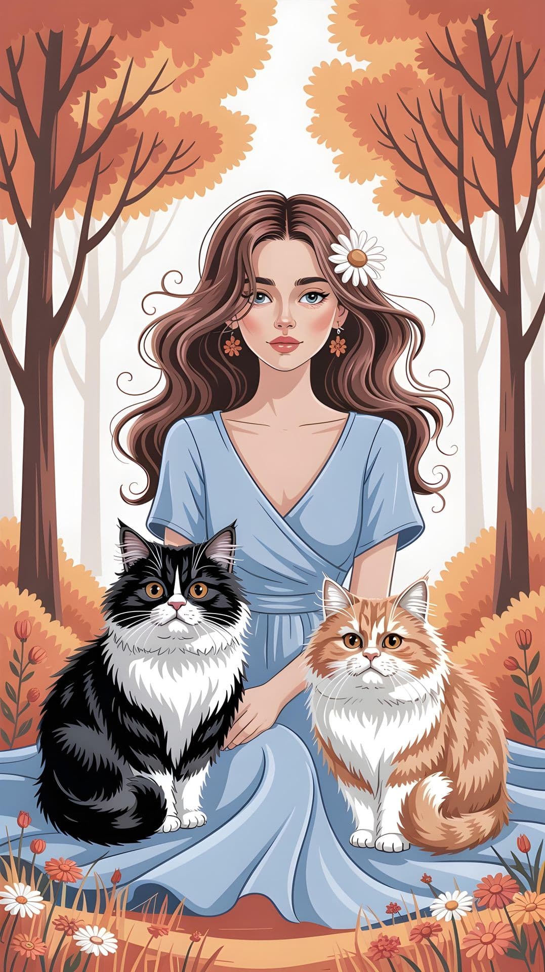 A woman in a blue dress with two cats in an autumnal forest.