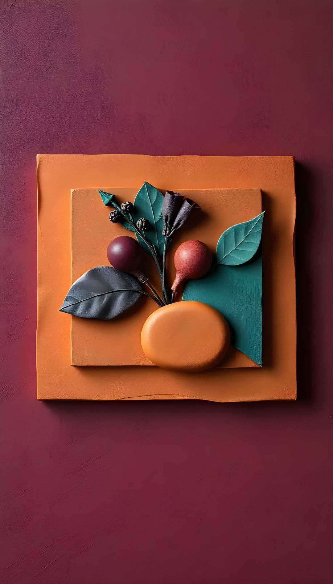 Stylized fruits and leaves on a geometric backdrop with vibrant colors