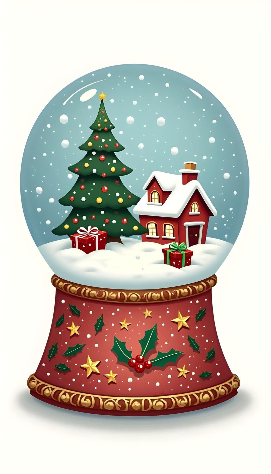 A snow globe with a red house and Christmas tree with ornaments, surrounded by snow.