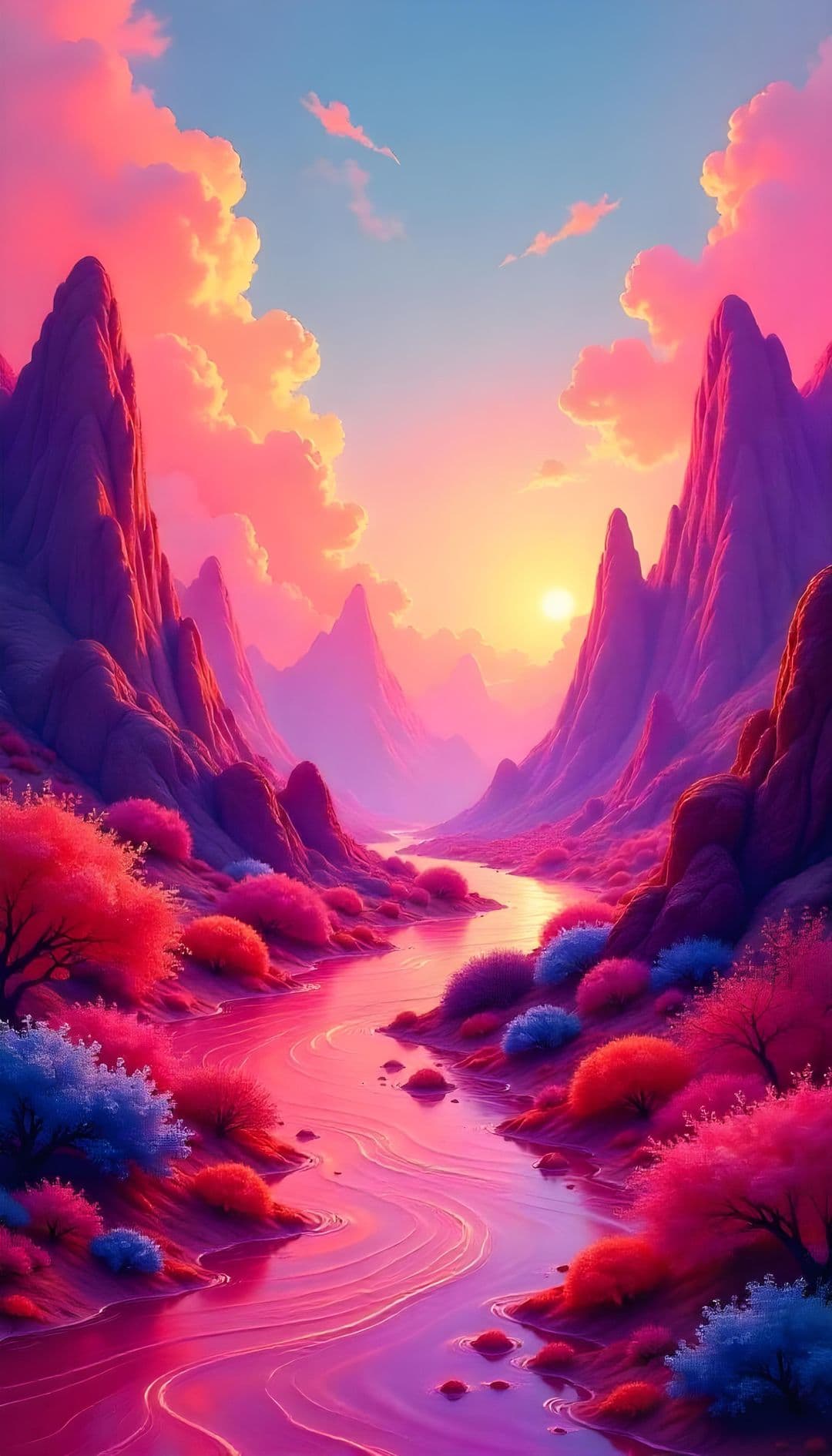 Fantasy landscape with vibrant mountains, river, and sunset.