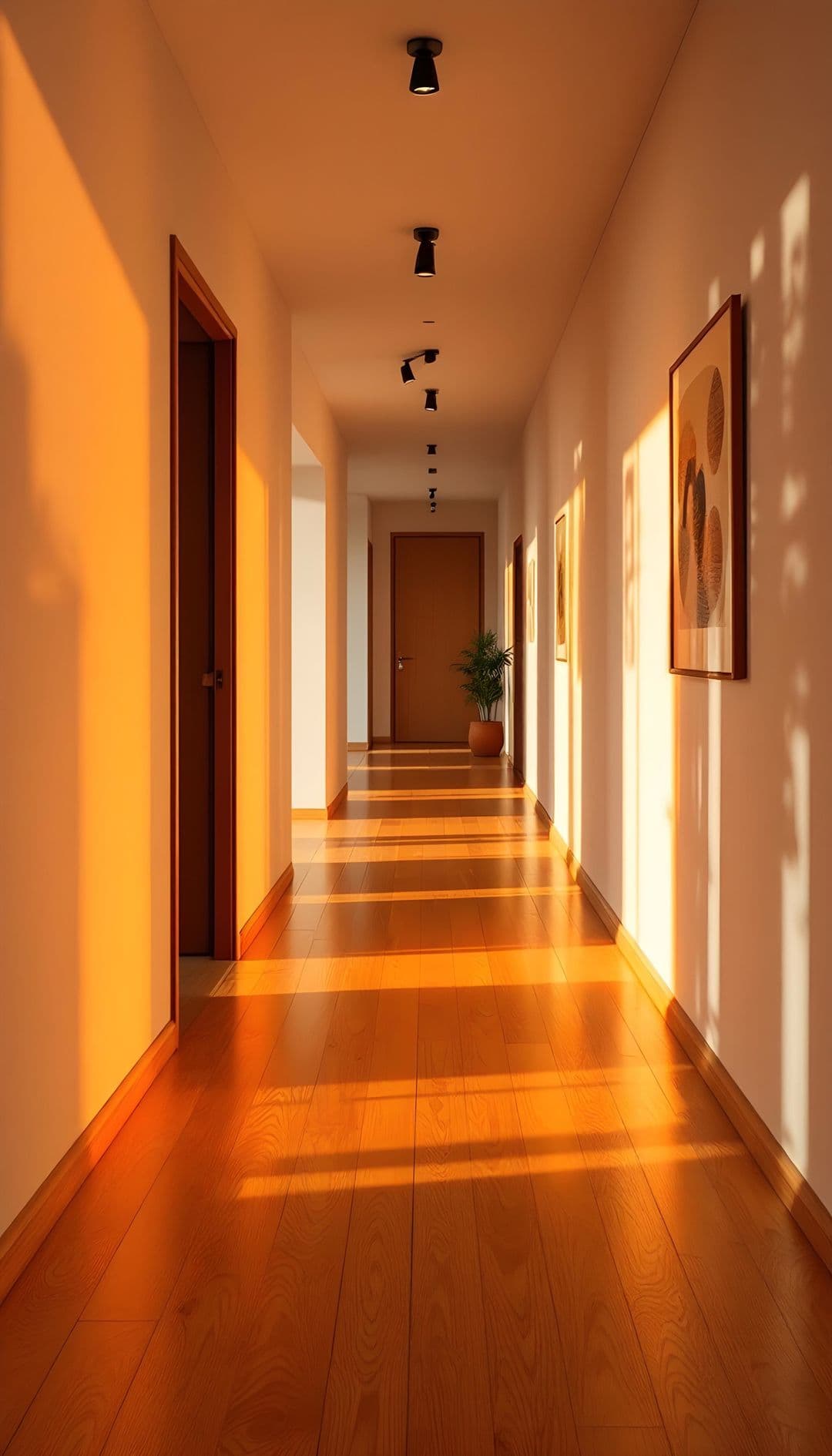 A minimalist hallway with sunlight, wooden floors, modern art, and a potted plant
