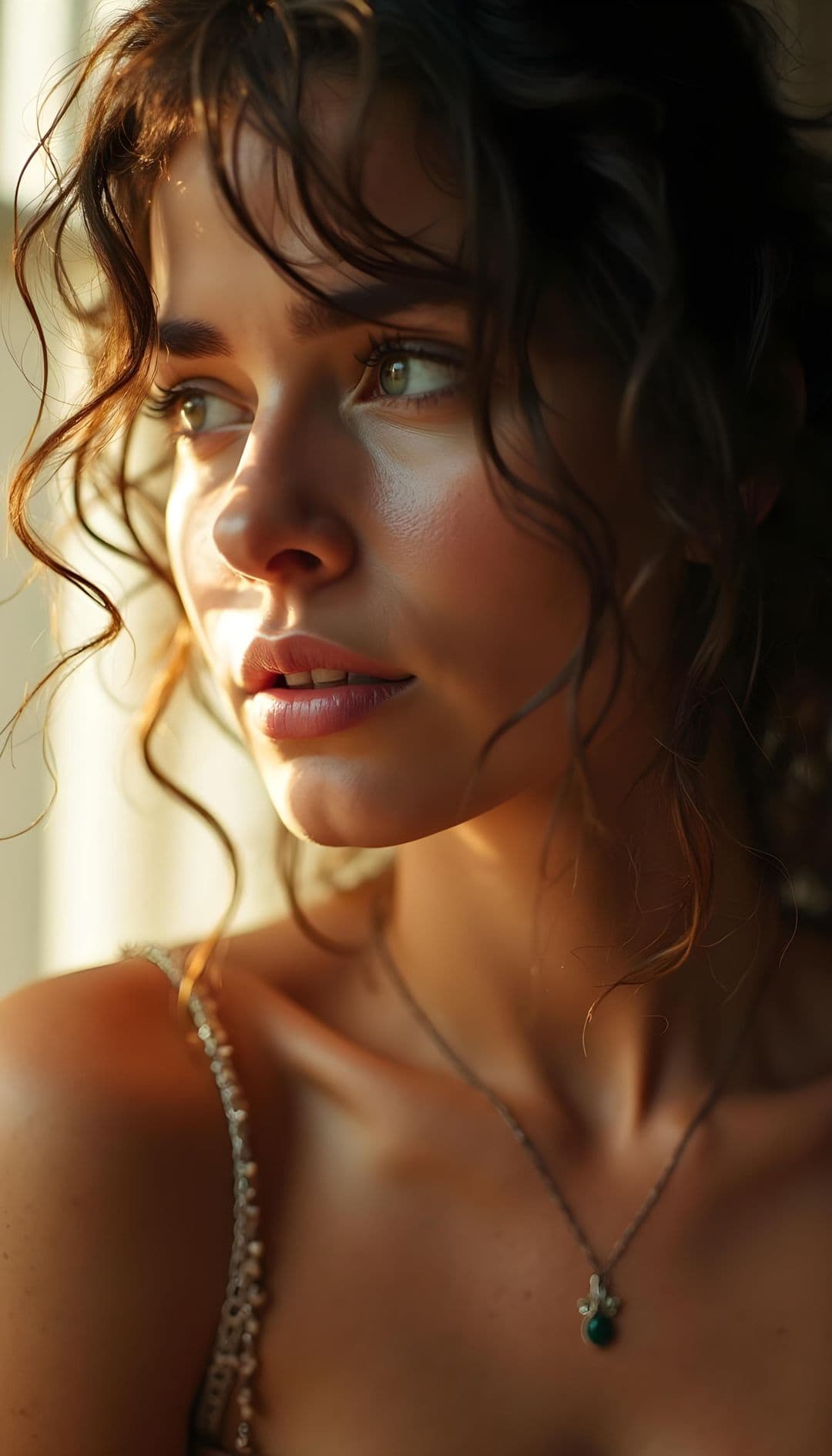 Young woman with curly hair in warm light, looking thoughtful.