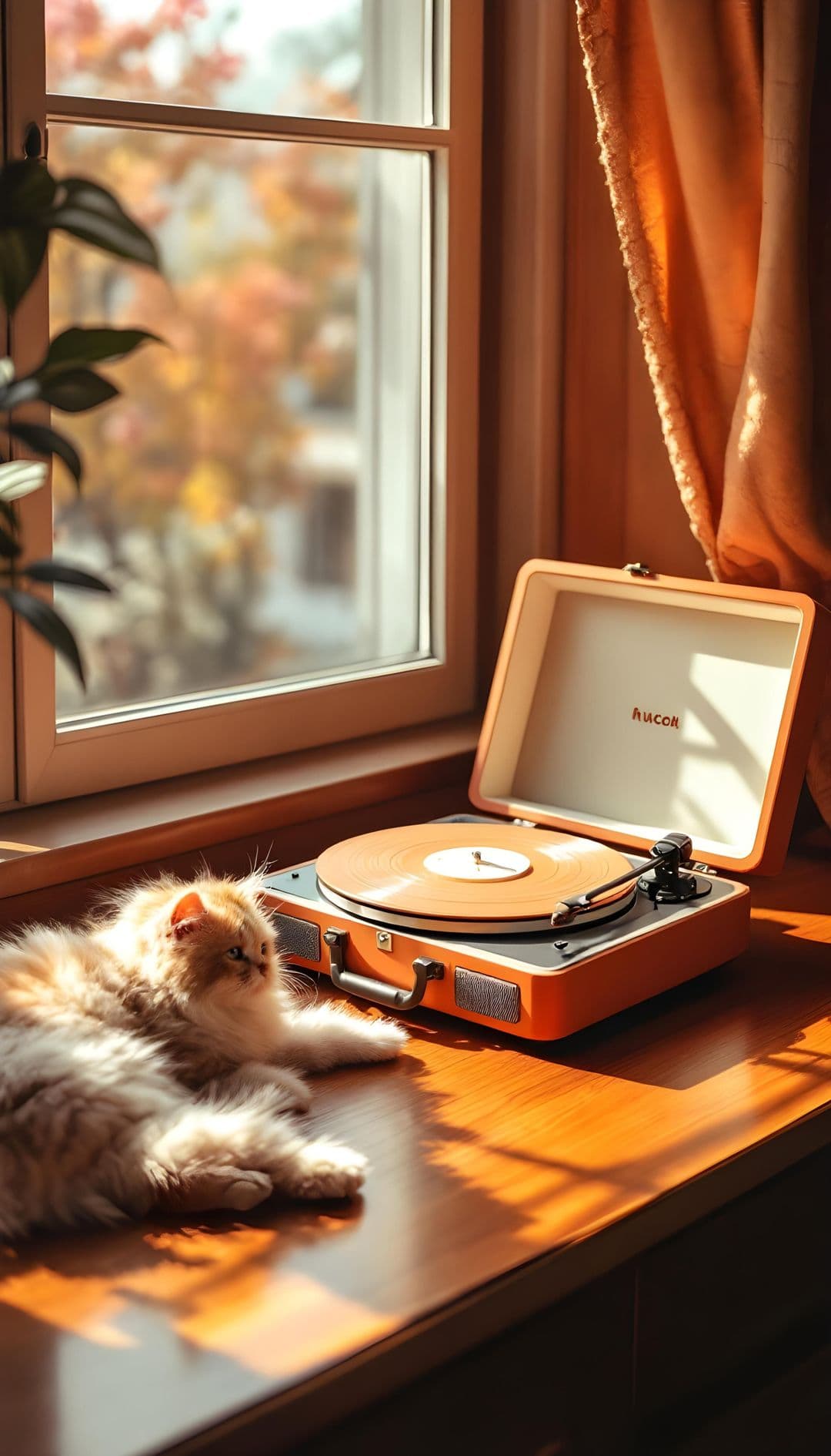 A fluffy cat on a windowsill with sunlight, vintage record player, and autumn foliage.