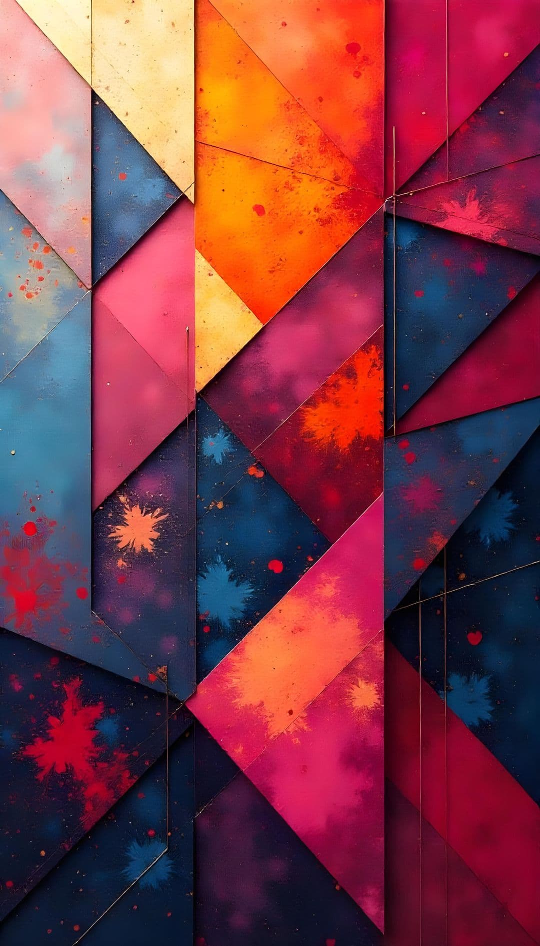 Geometric abstract art with triangular shapes in vibrant colors.