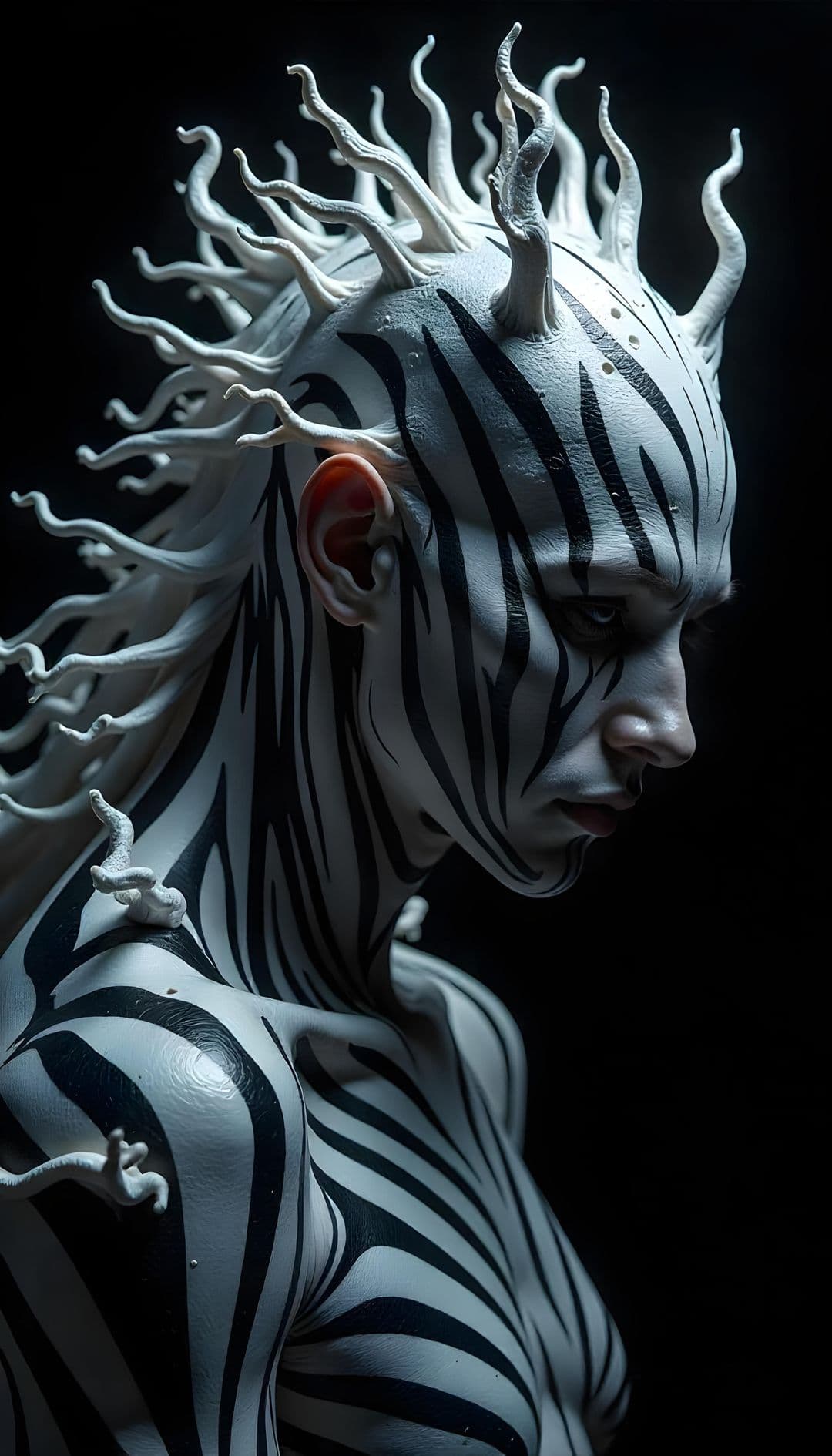 Portrait of a figure with zebra-like body paint and horn-like protrusions, set in dramatic lighting.