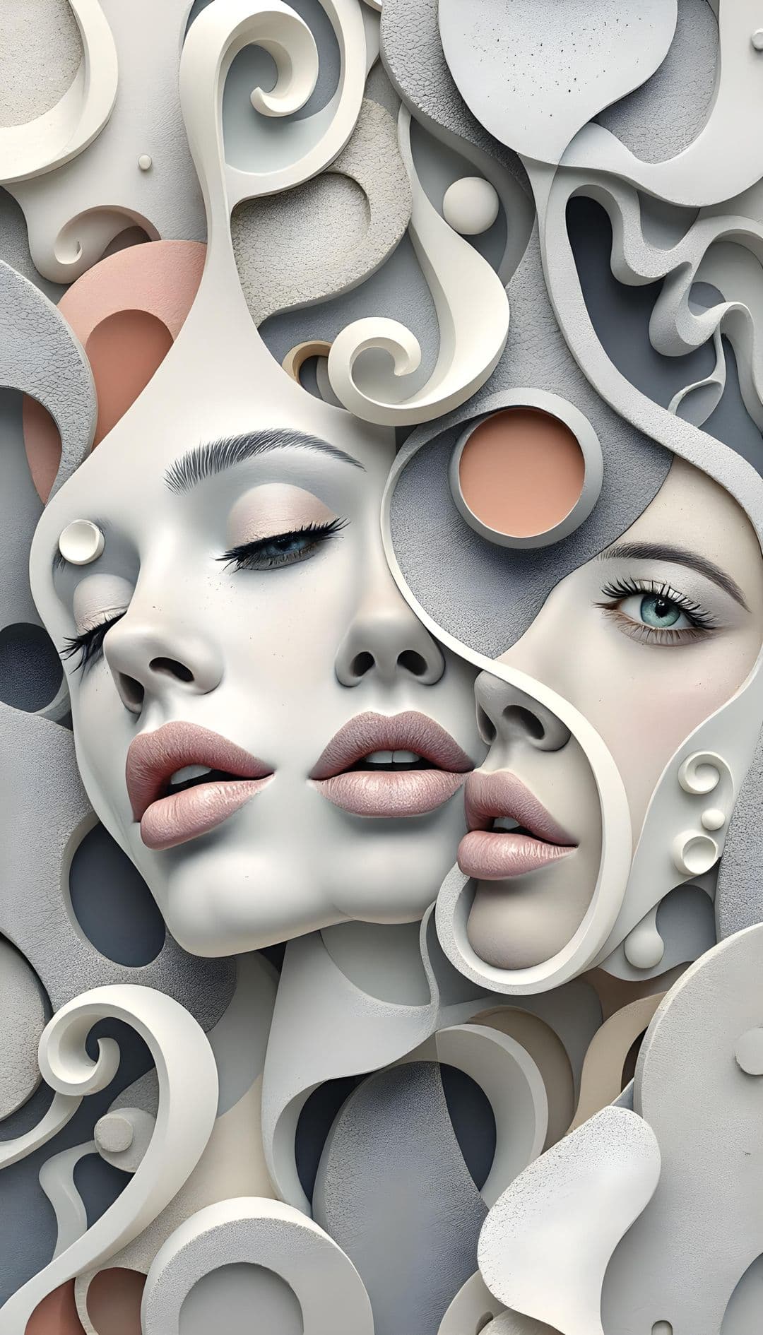 Two elegant faces with flowing 3D forms in pastel hues