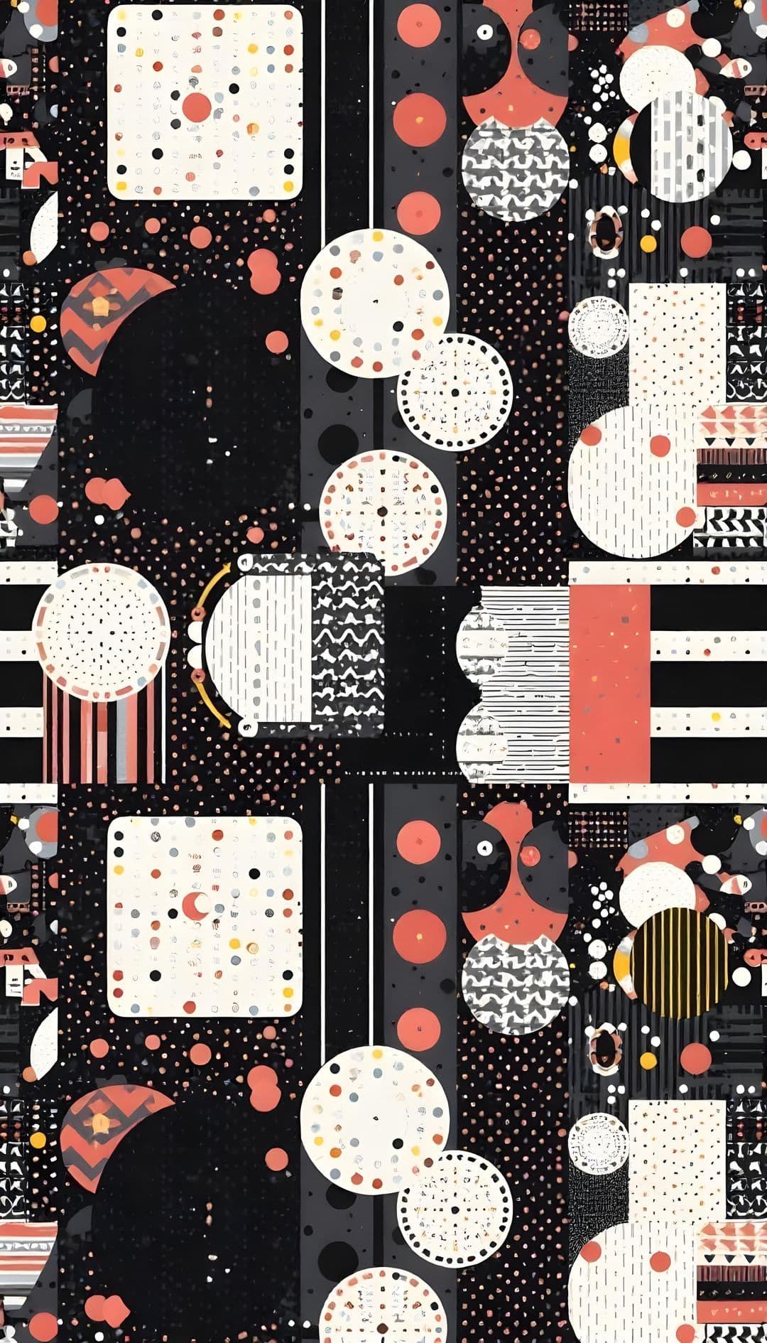 Geometric collage with circles, squares, rectangles in retro colors on black