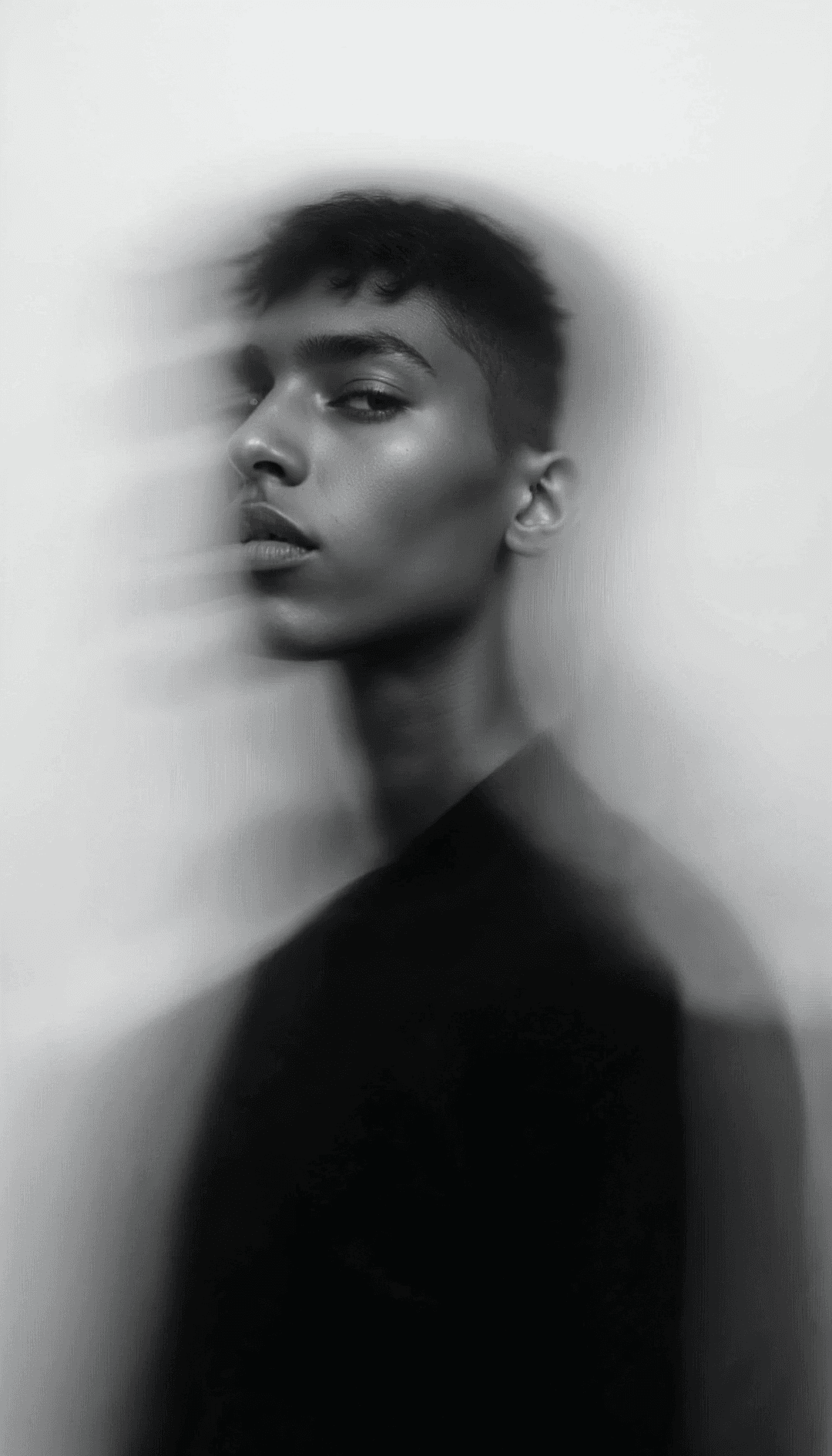 Monochromatic portrait of a young person with blurred motion effect and introspective gaze.