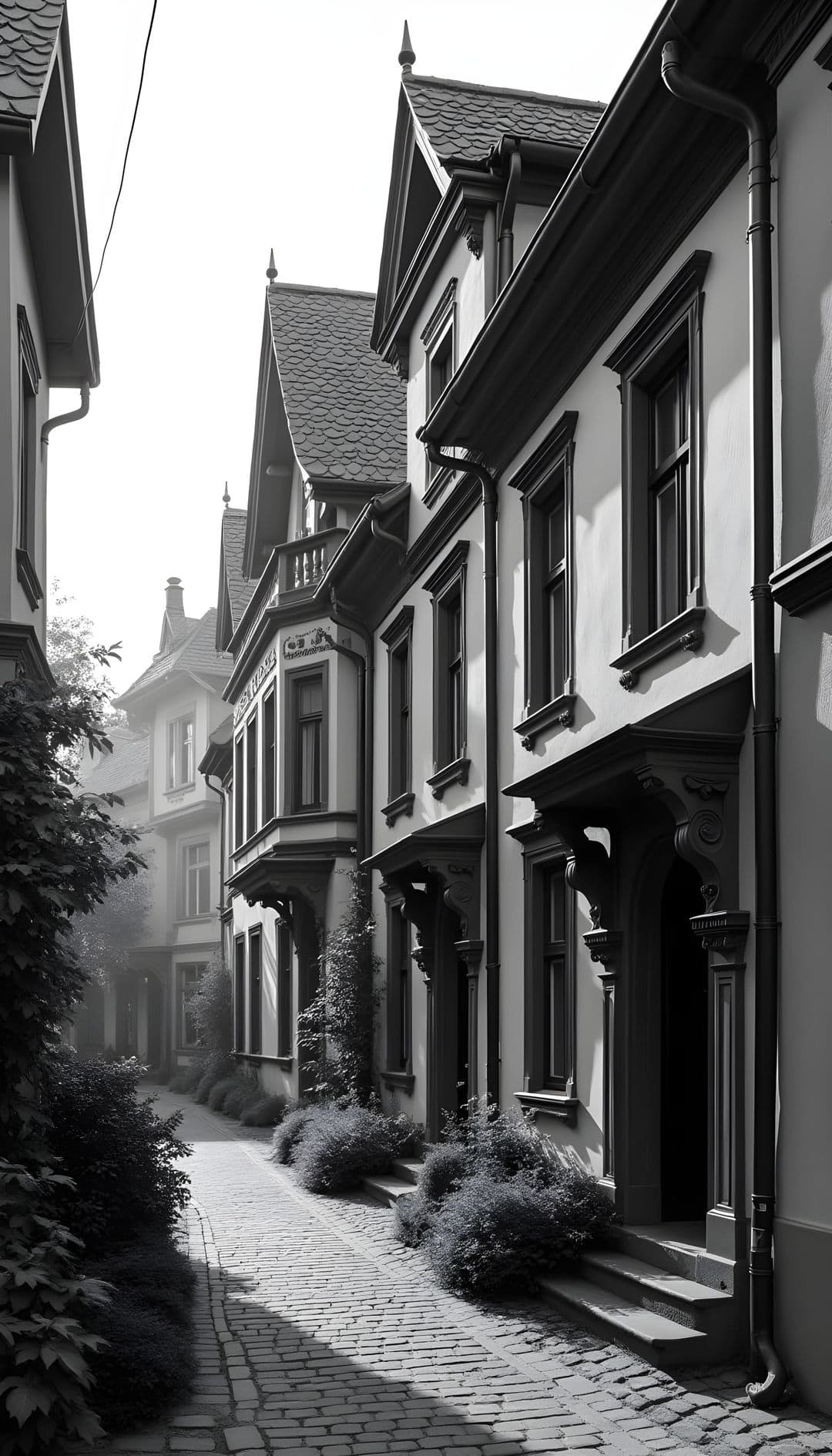 Cobblestone street with old European townhouses in misty ambiance