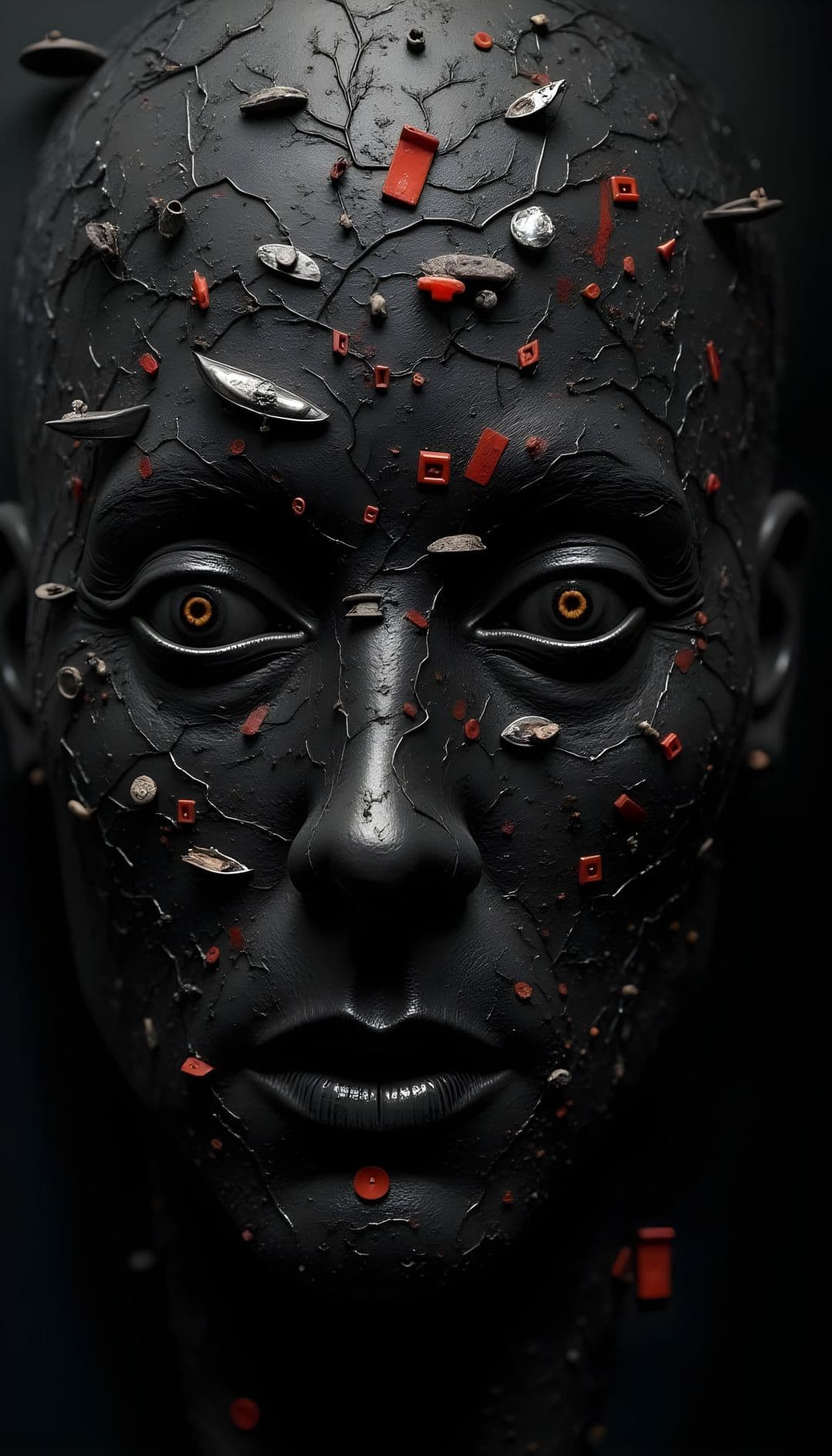 A sculpted human face with charcoal skin, golden eyes, and geometric elements against a dark background.