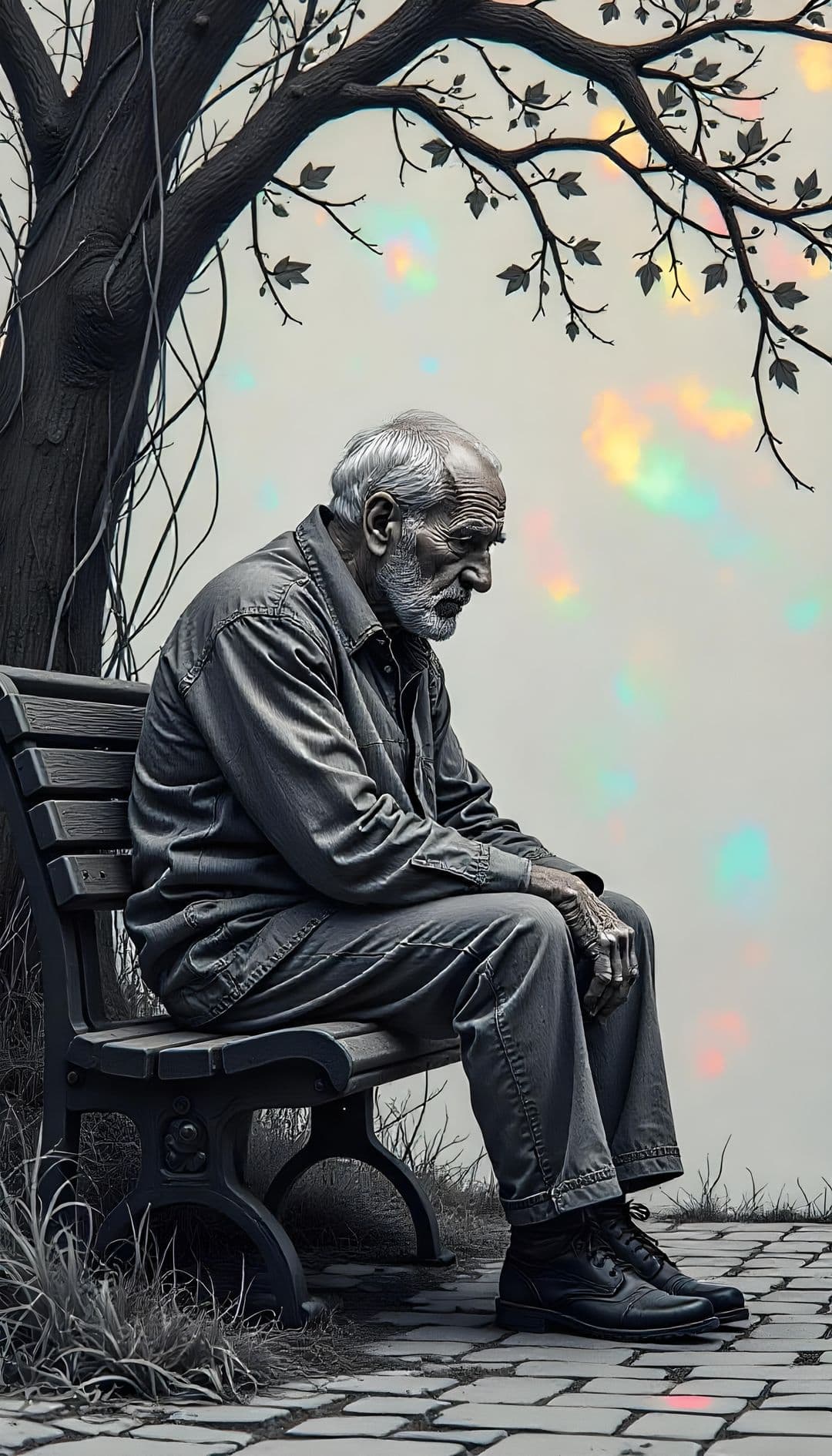 An elderly man in gray sits on a park bench under a leafless tree against a pastel backdrop.