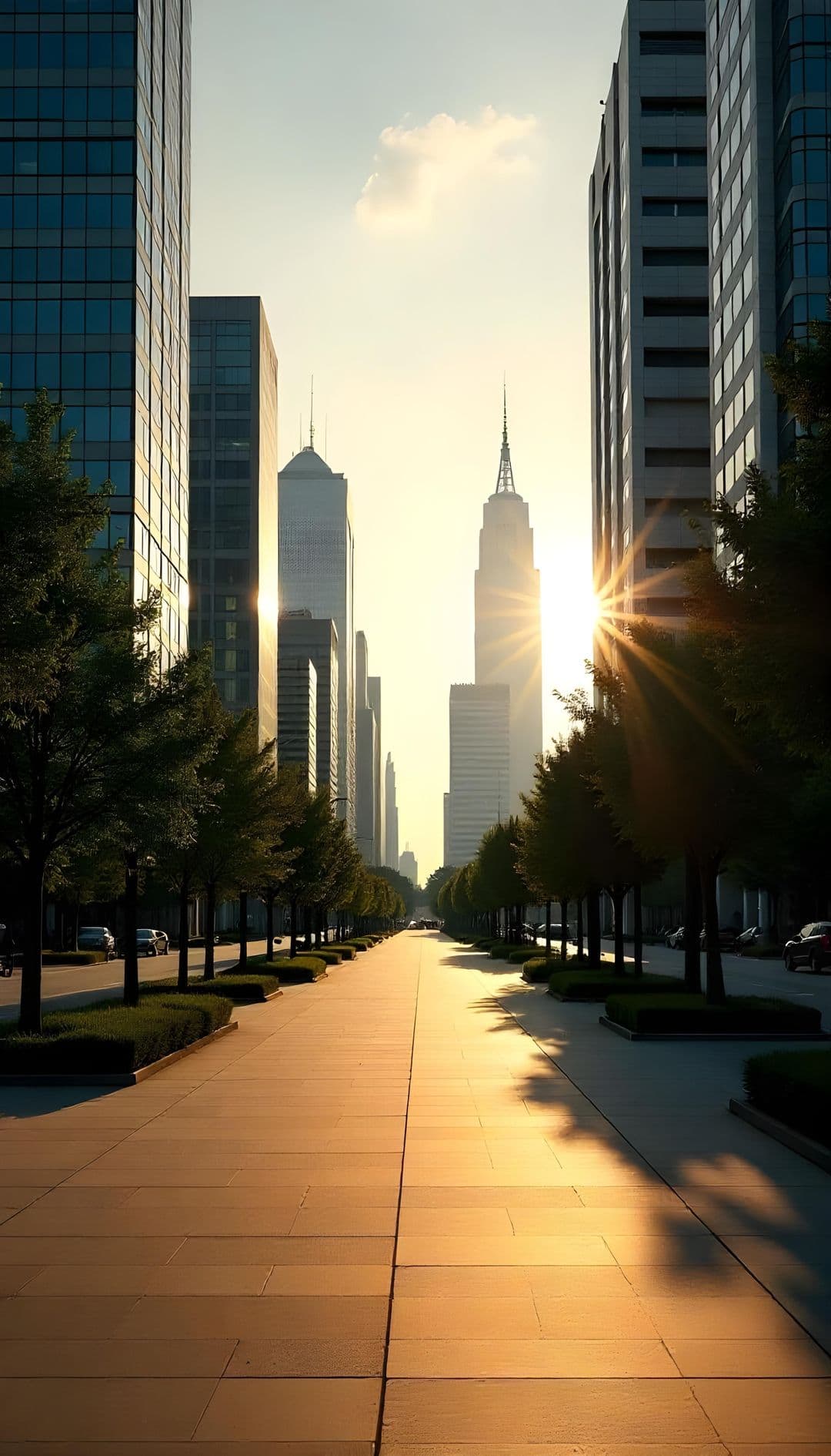 Cityscape at sunset with trees and skyscrapers