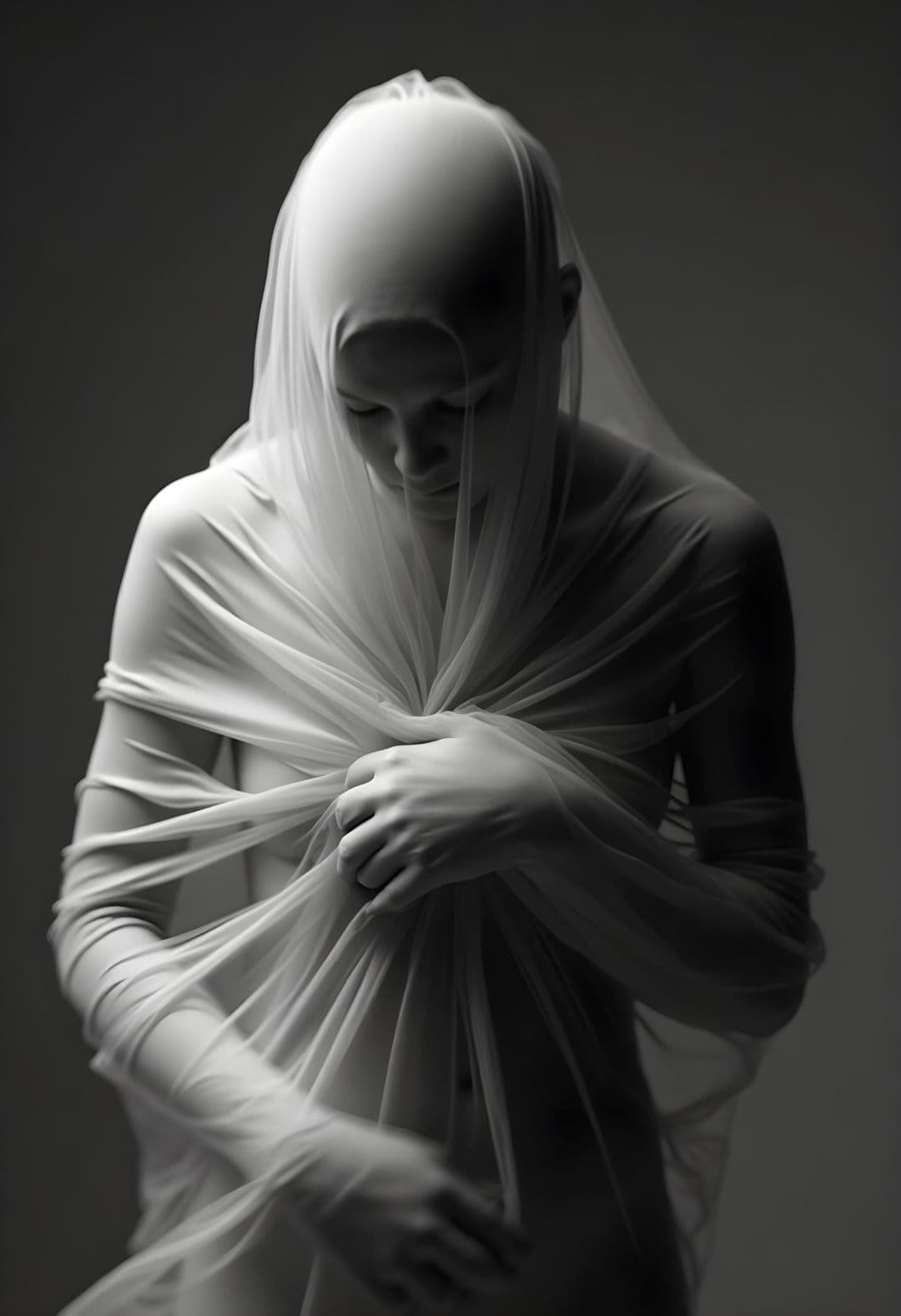 Person draped in white fabric in a serene pose