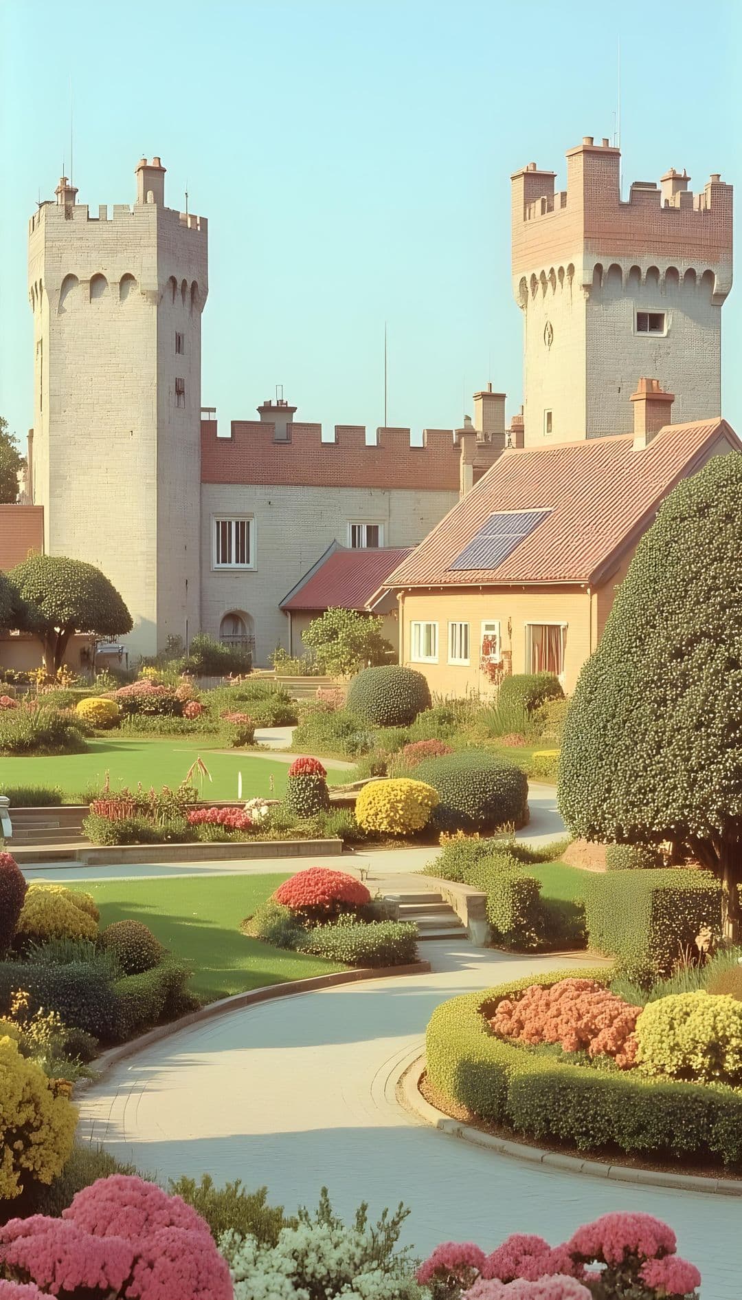 Medieval castle with two towers, surrounded by landscaped gardens with colorful flowers