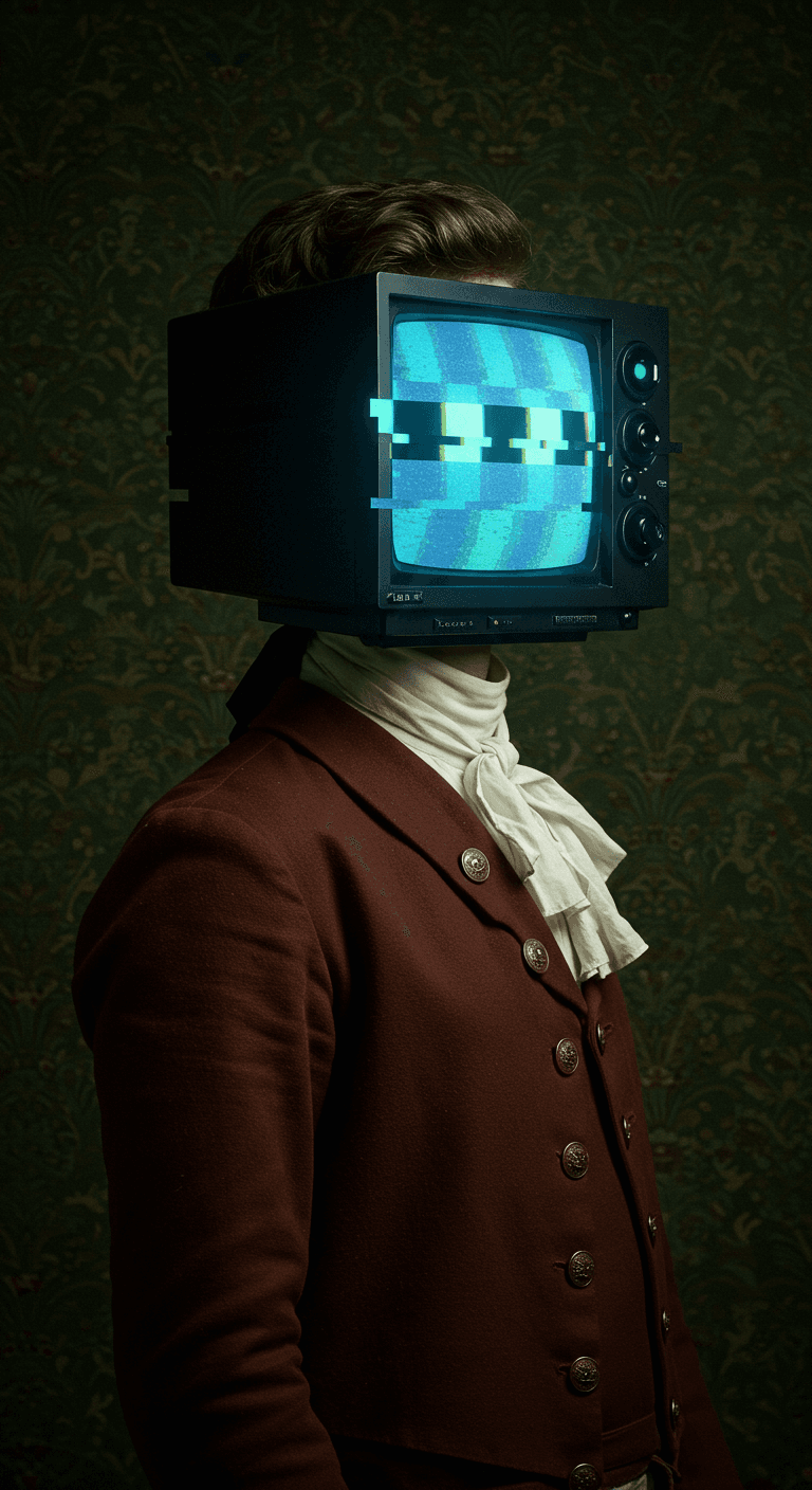 A person with a TV head in 18th-century attire against floral wallpaper.