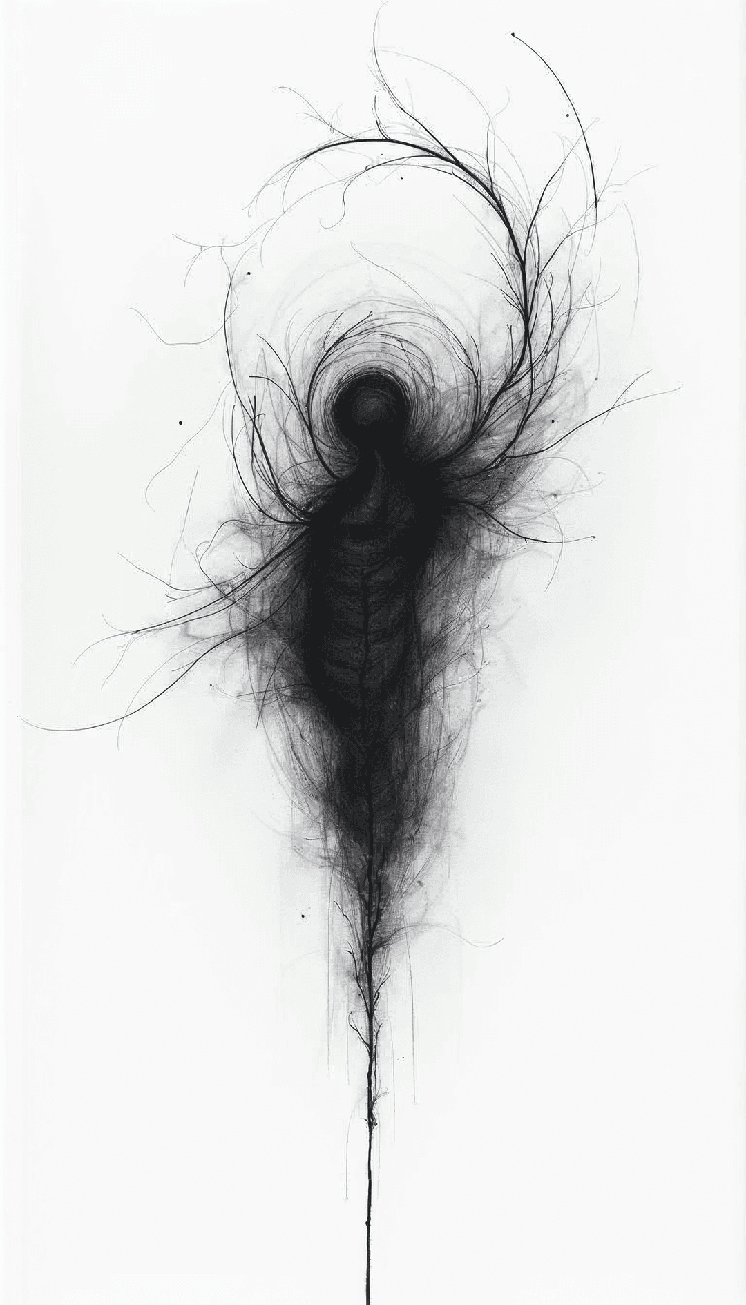 Monochromatic figure with abstract branches on a white background.