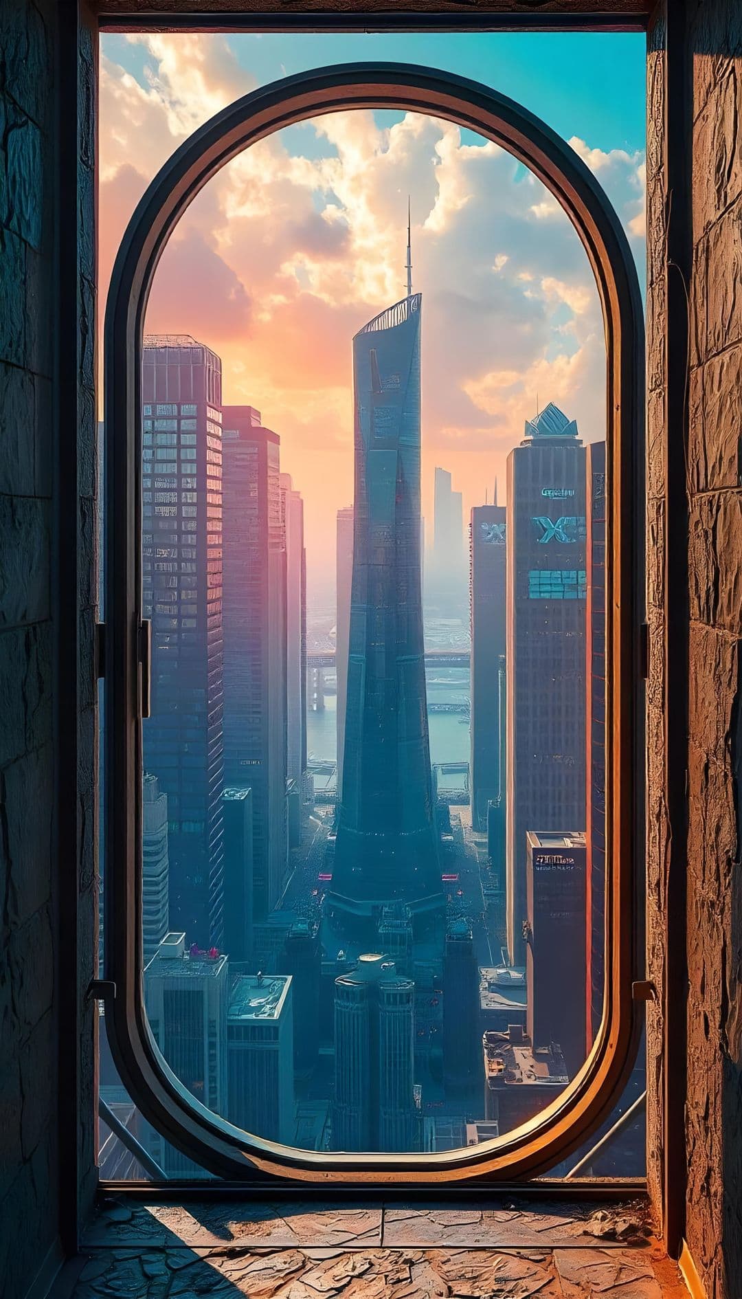 City skyline through a curved window at sunset with modern skyscrapers and a central tower.