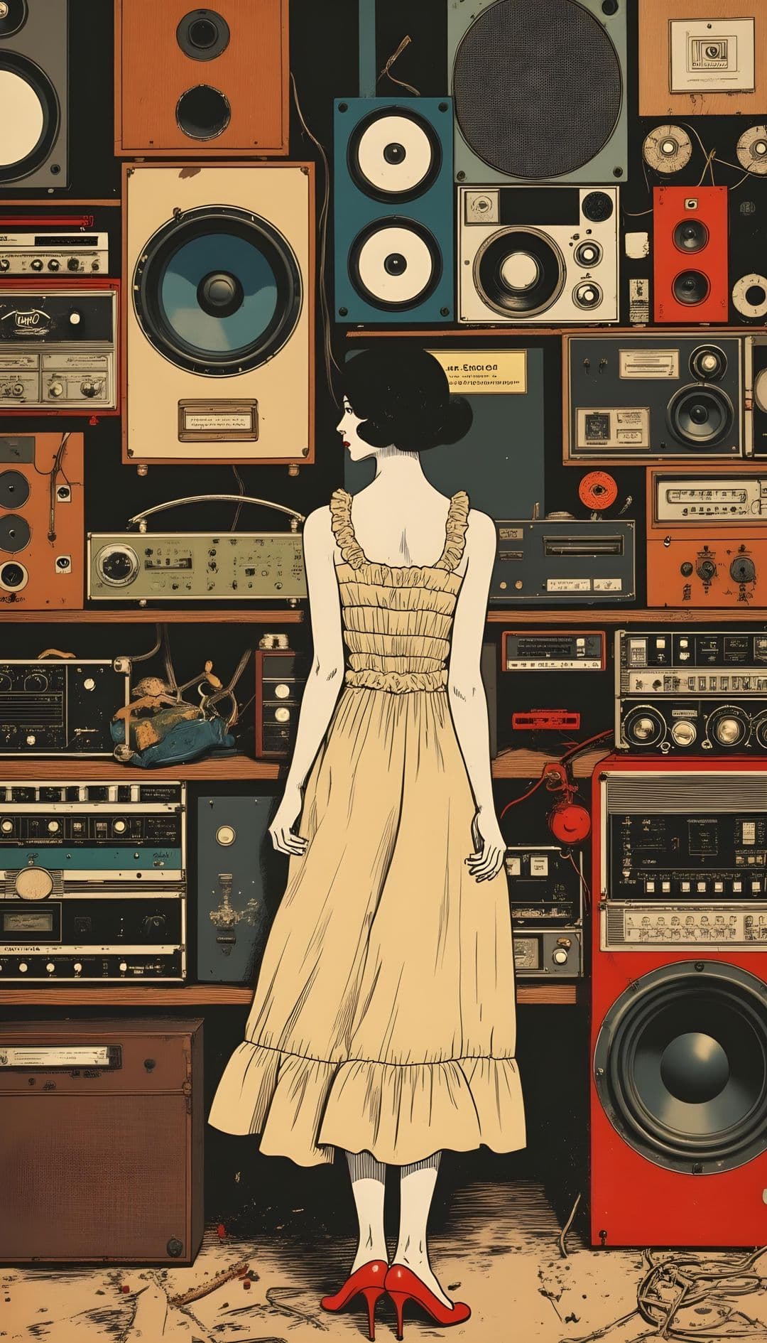 Woman in a beige dress with red shoes in front of retro speakers.