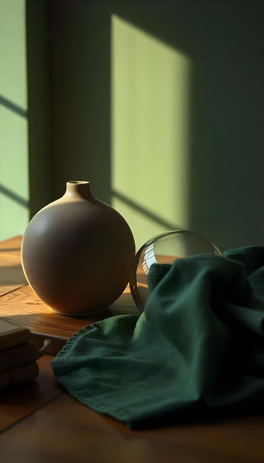 Ceramic vase and glass orb on wooden table with fabric
