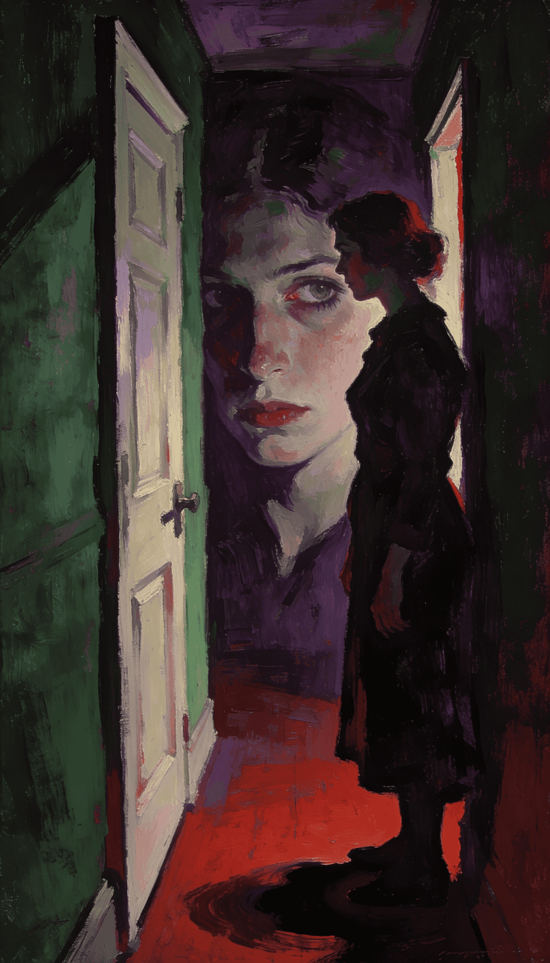 narrow hallway with green walls and red-tiled floor; shadowy figure at door; ghostly face on wall
