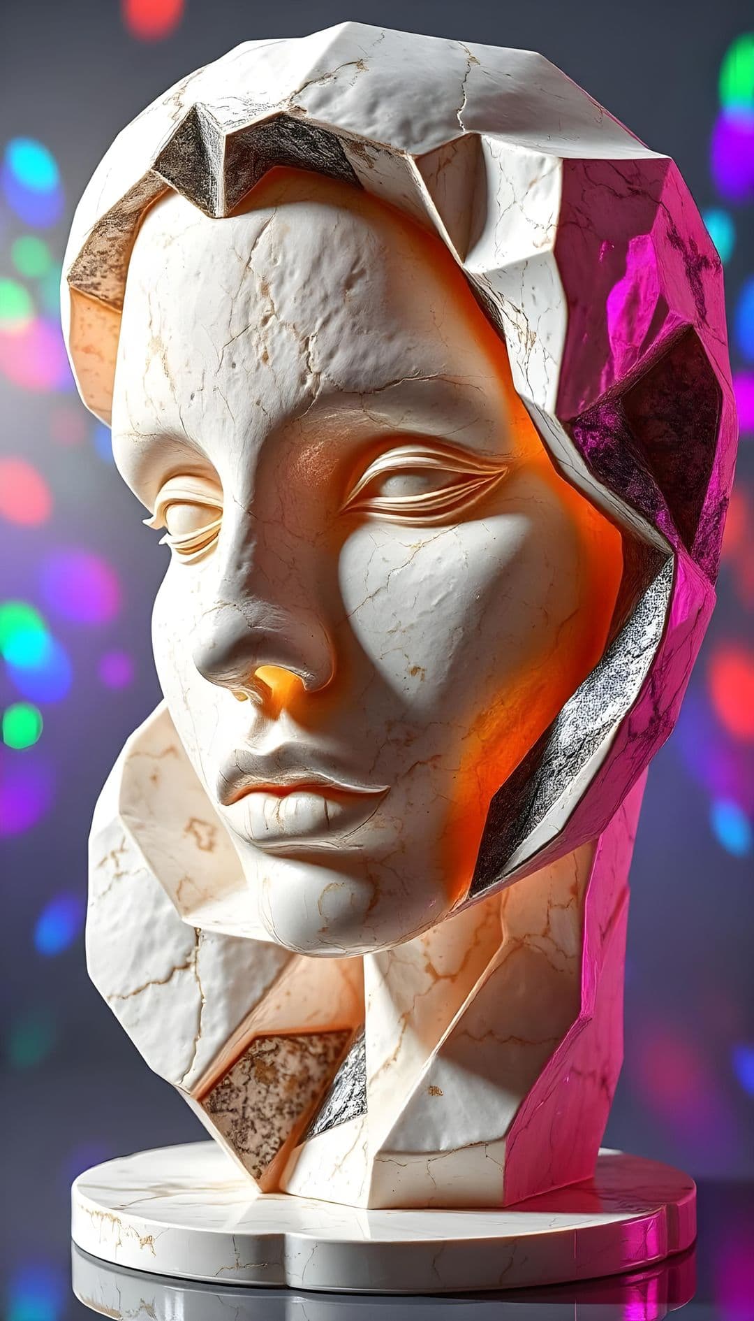 A marble bust with angular facets and neon reflections against a colored gradient background.