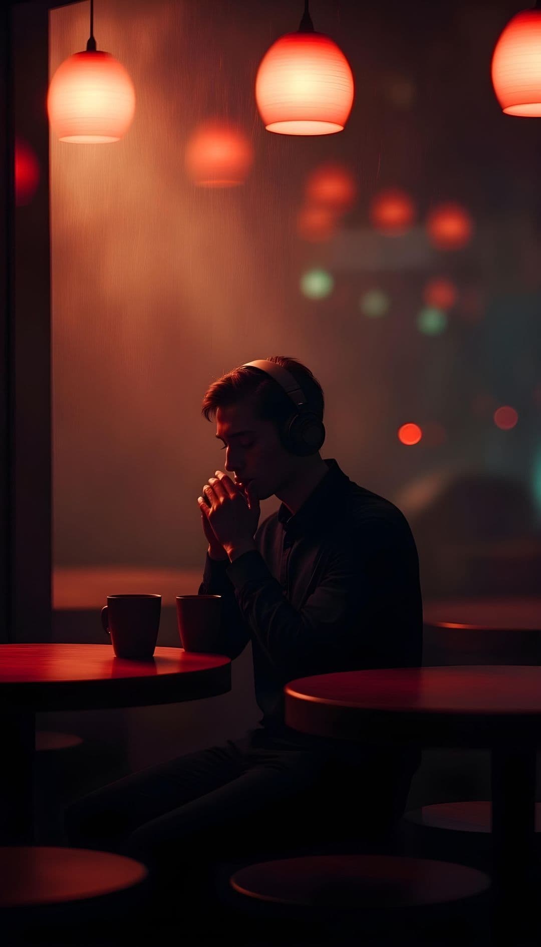 Person with headphones in dimly lit coffee shop under warm pendant lights with rainy city backdrop