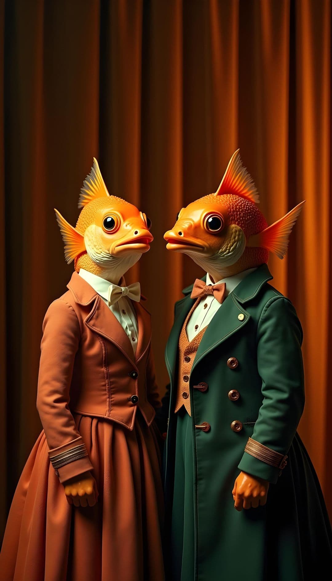 Two figures with goldfish heads in Victorian attire against golden drapes.